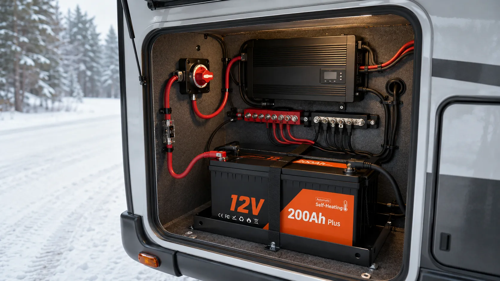 12V 200Ah self-heating LiFePO4 battery installed in a cold-weather RV power system