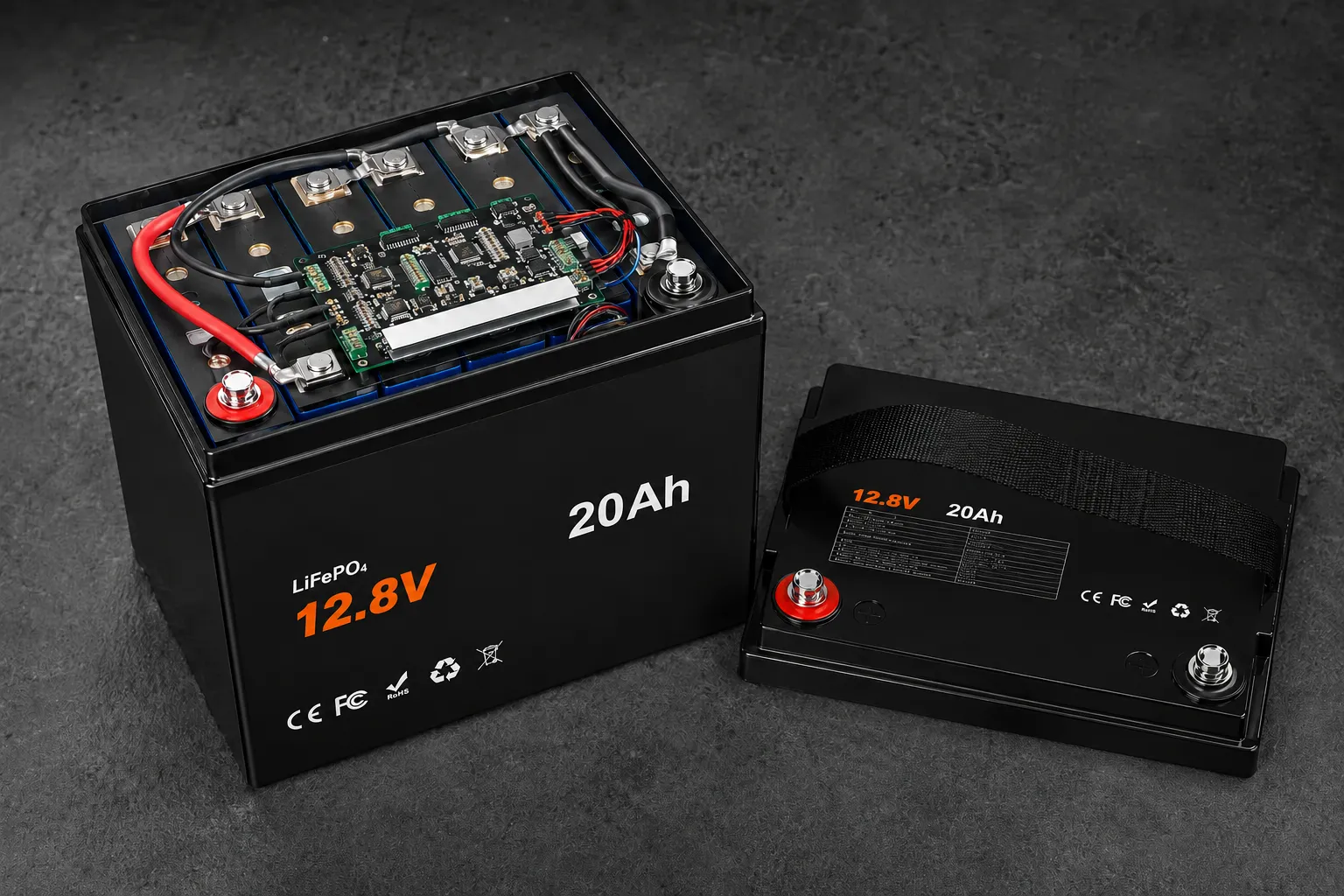 Internal starting cells and protective BMS inside a 12V 20Ah LiFePO4 marine cranking battery