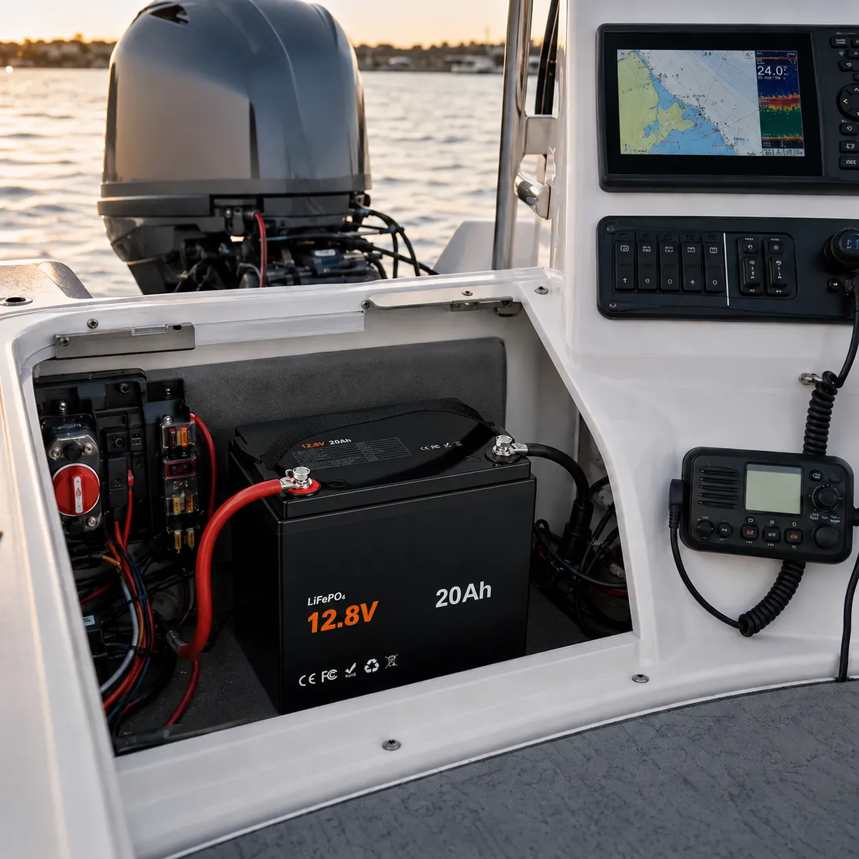 12V 20Ah LiFePO4 cranking battery connected to a marine outboard engine starting system
