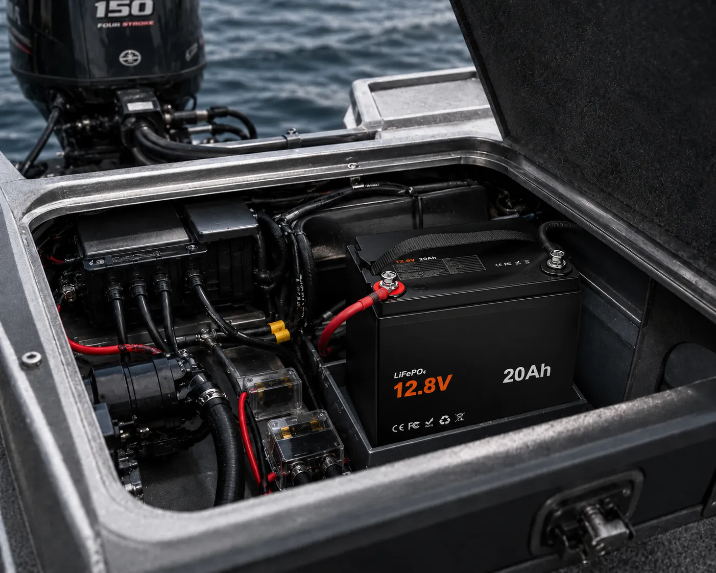 12V 20Ah 800 CCA LiFePO4 marine starting battery installed near a fuel-powered outboard motor