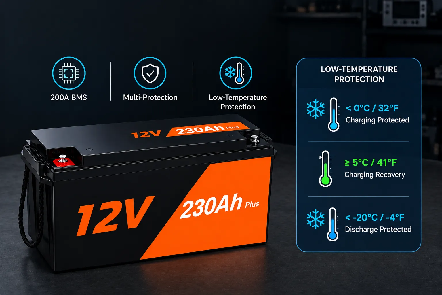 12V 230Ah LiFePO4 battery 200A BMS and low temperature charging protection