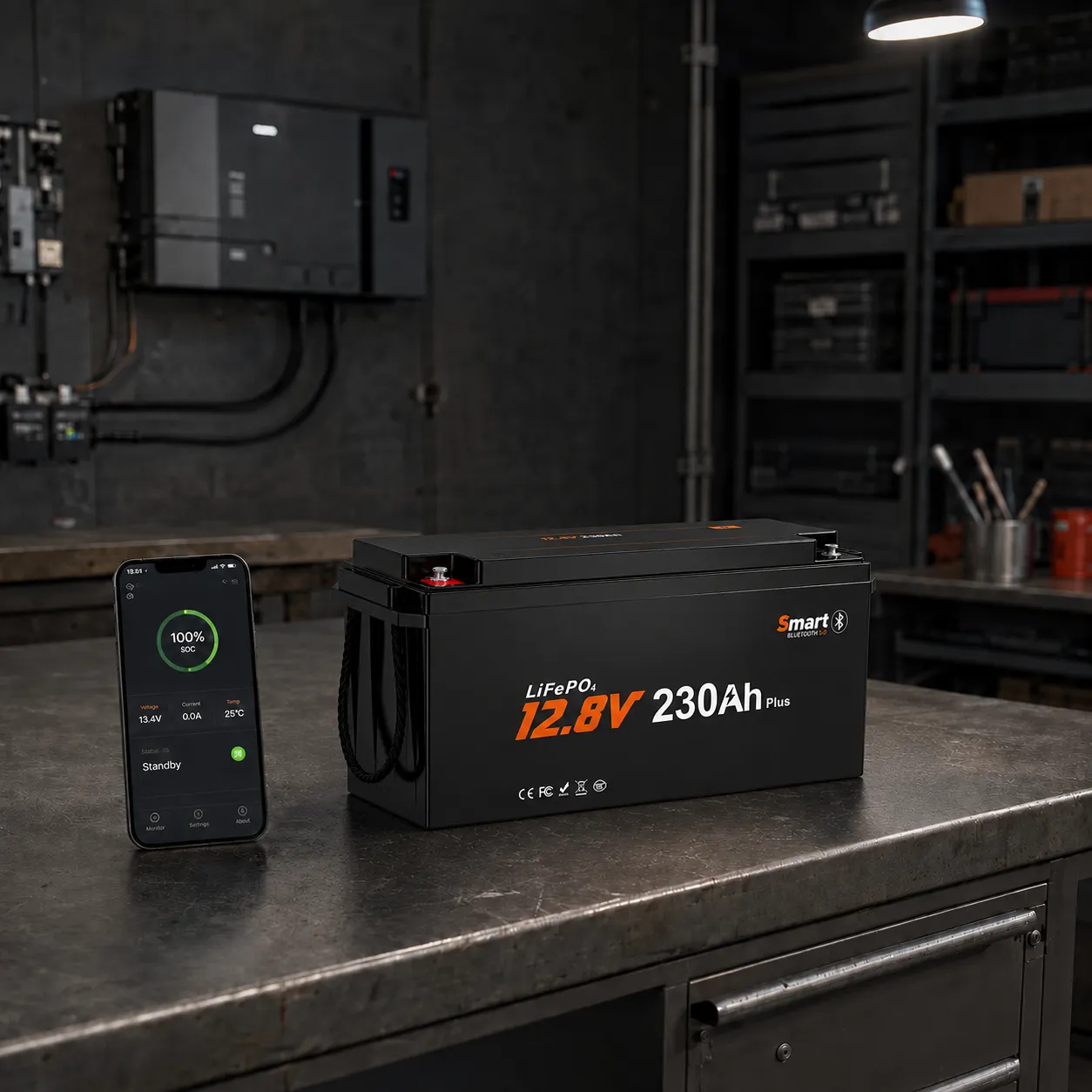 Bluetooth mobile app monitoring the status of a 12V 230Ah LiFePO4 battery