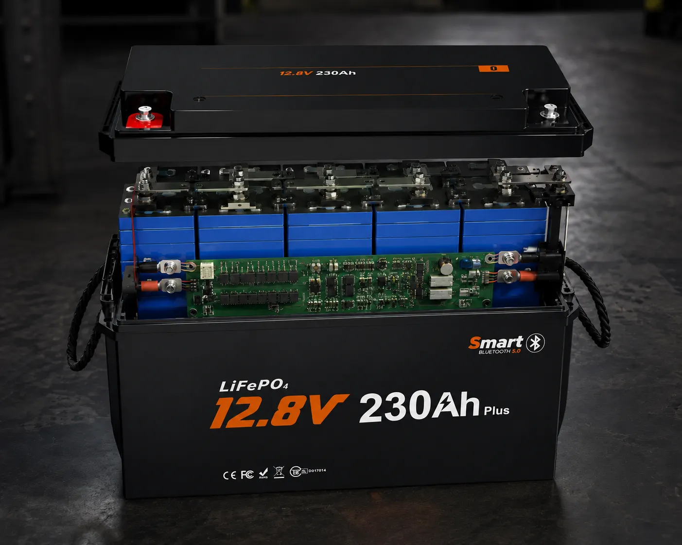 Internal LiFePO4 cells busbars and 200A Smart BMS inside a 12V 230Ah lithium battery