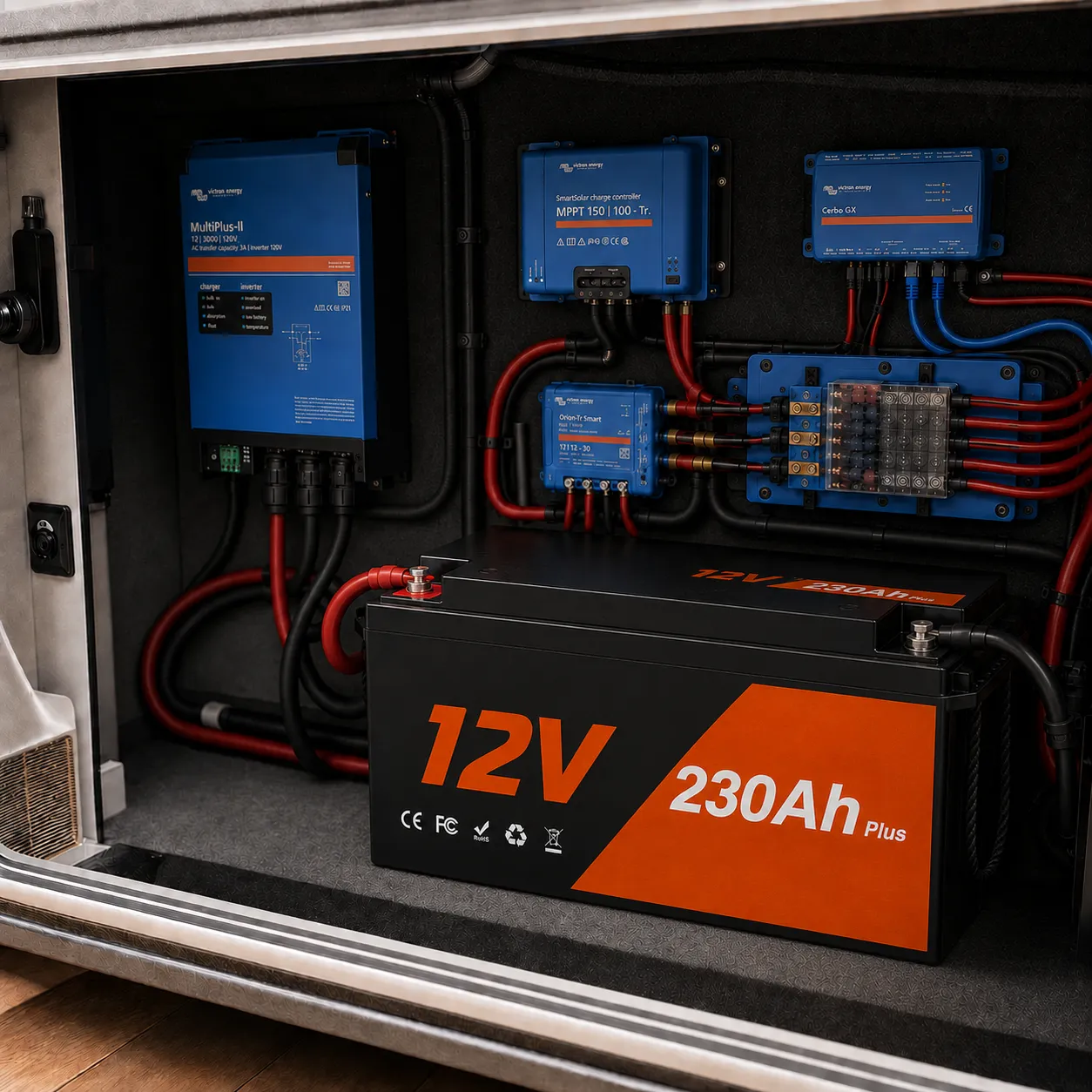 12V 230Ah LiFePO4 battery installed in an RV electrical compartment