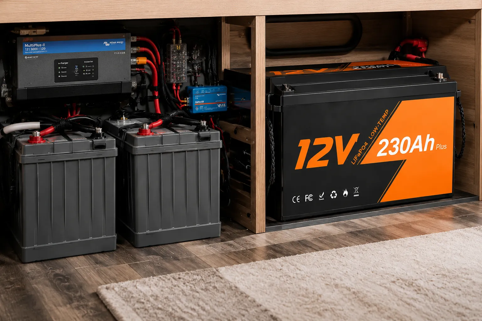 12V 230Ah LiFePO4 lead-acid replacement battery in an RV power system