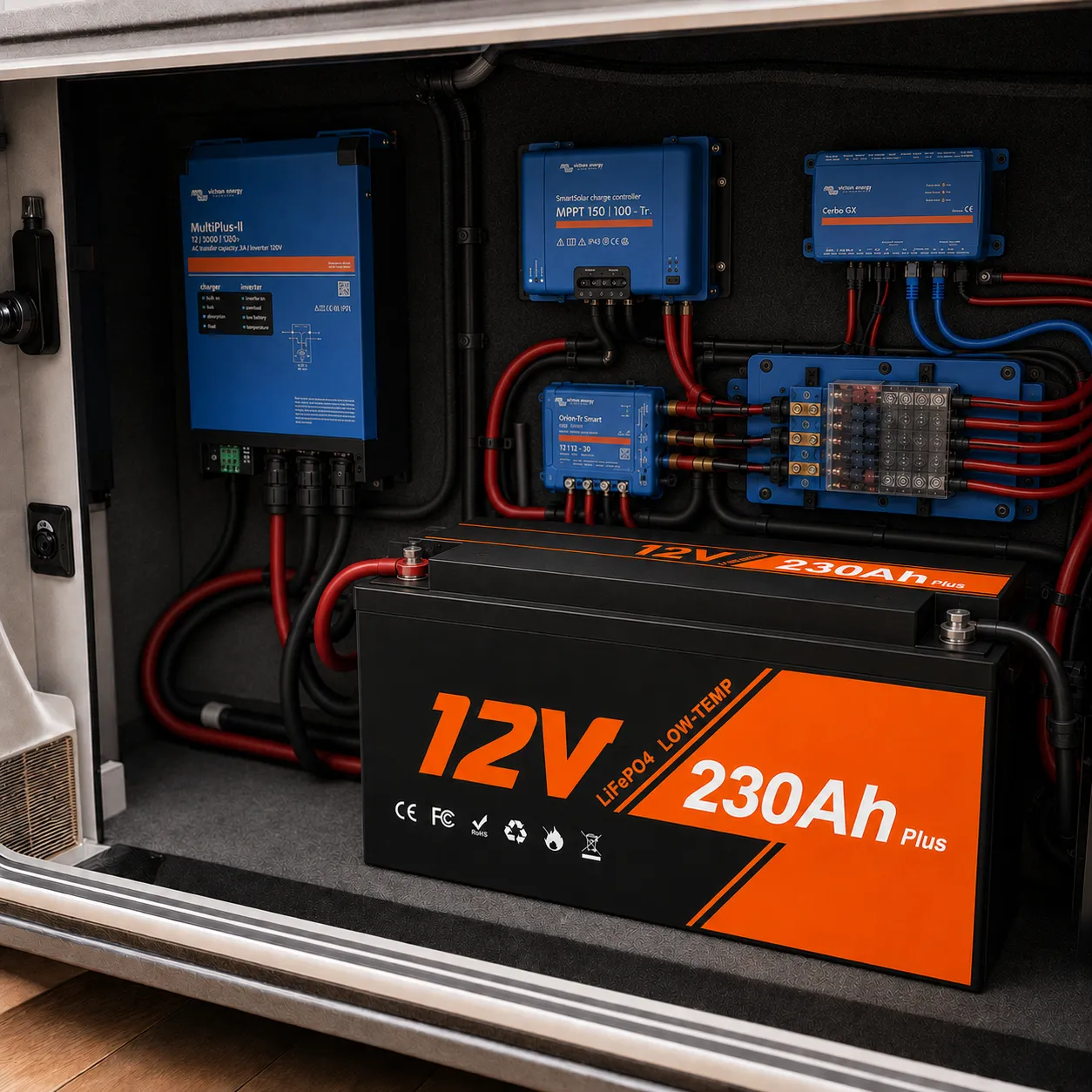 12V 230Ah LiFePO4 RV battery connected to inverter charger and solar equipment