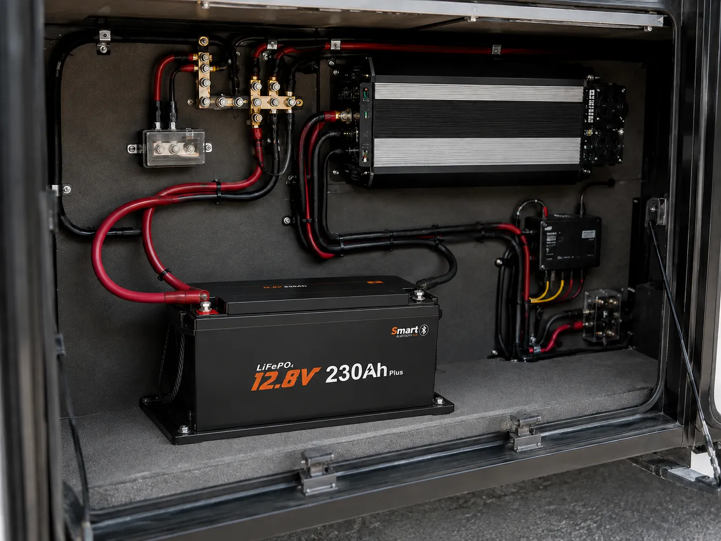 12V 230Ah LiFePO4 RV battery installed with inverter busbars and protected terminal wiring