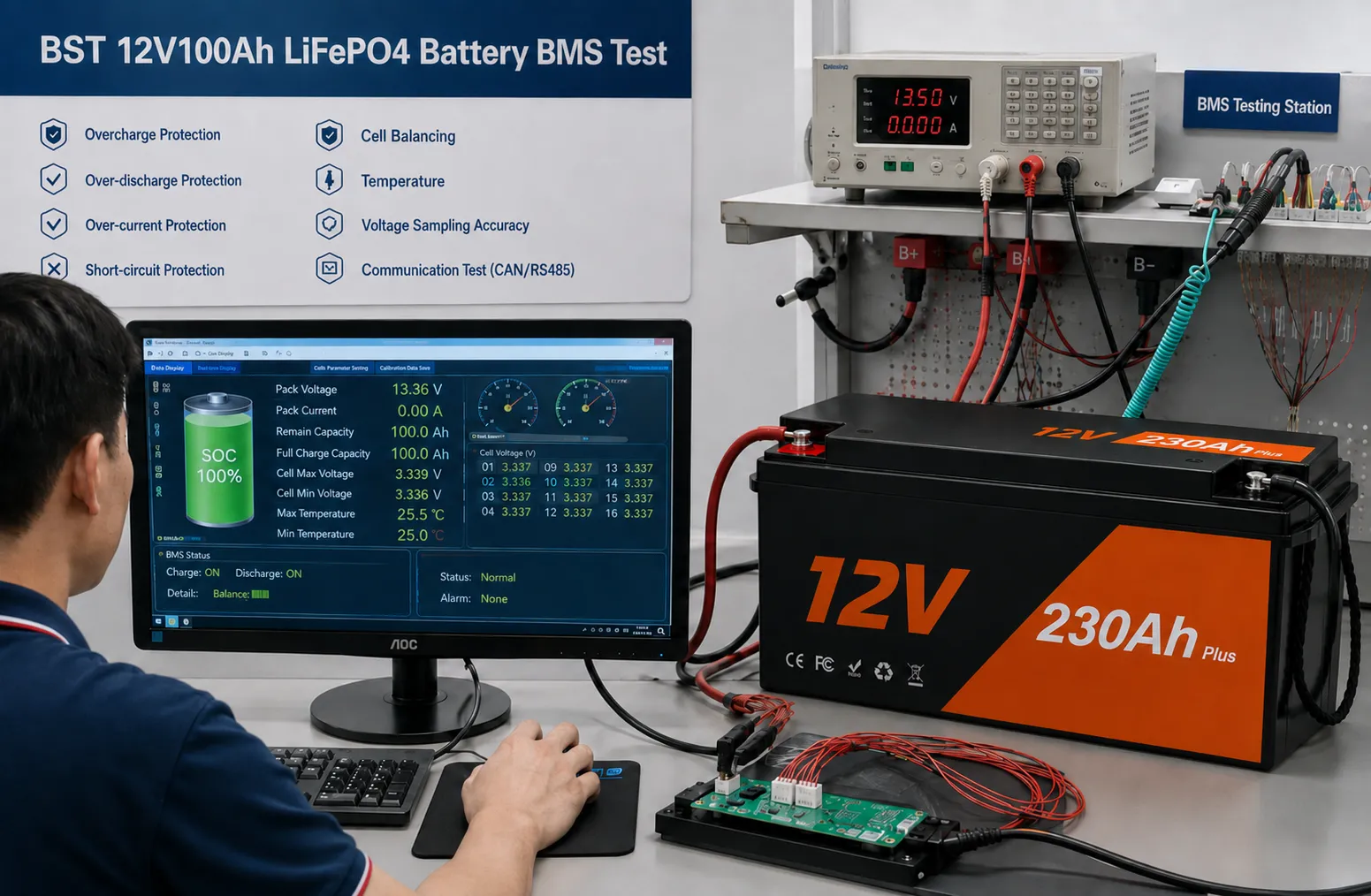 12V 230Ah LiFePO4 battery Smart BMS testing for OEM production