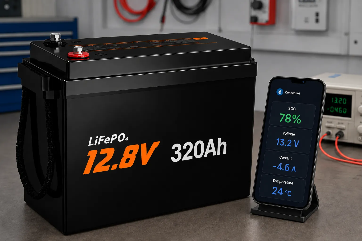 Bluetooth monitoring for a 12V 320Ah Smart BMS LiFePO4 battery
