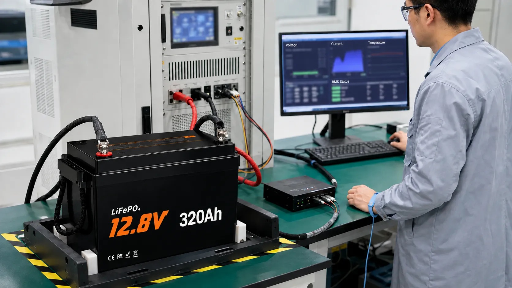 12V 320Ah LiFePO4 battery charge and discharge testing for OEM production