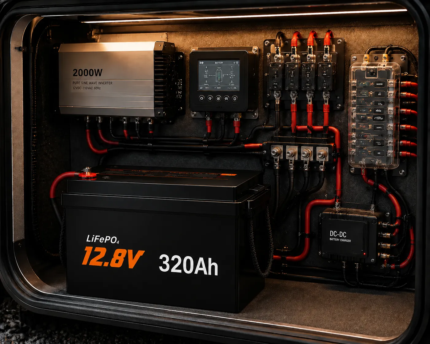 12V 320Ah Mini LiFePO4 battery installed in an RV electrical system