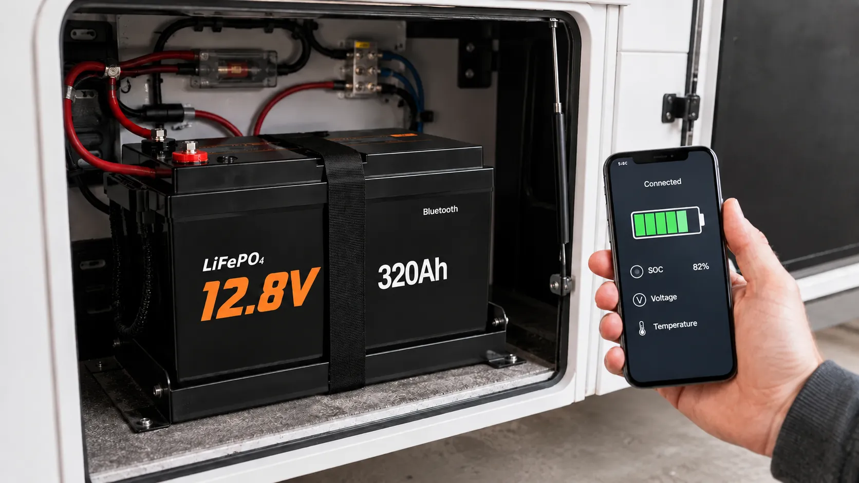 Bluetooth monitoring for a 12V 320Ah LiFePO4 battery with 200A Smart BMS