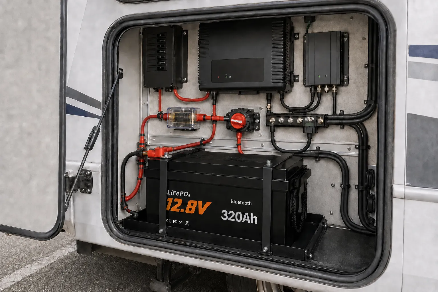 12V 320Ah Mini LiFePO4 deep cycle battery installed in an RV house-power system
