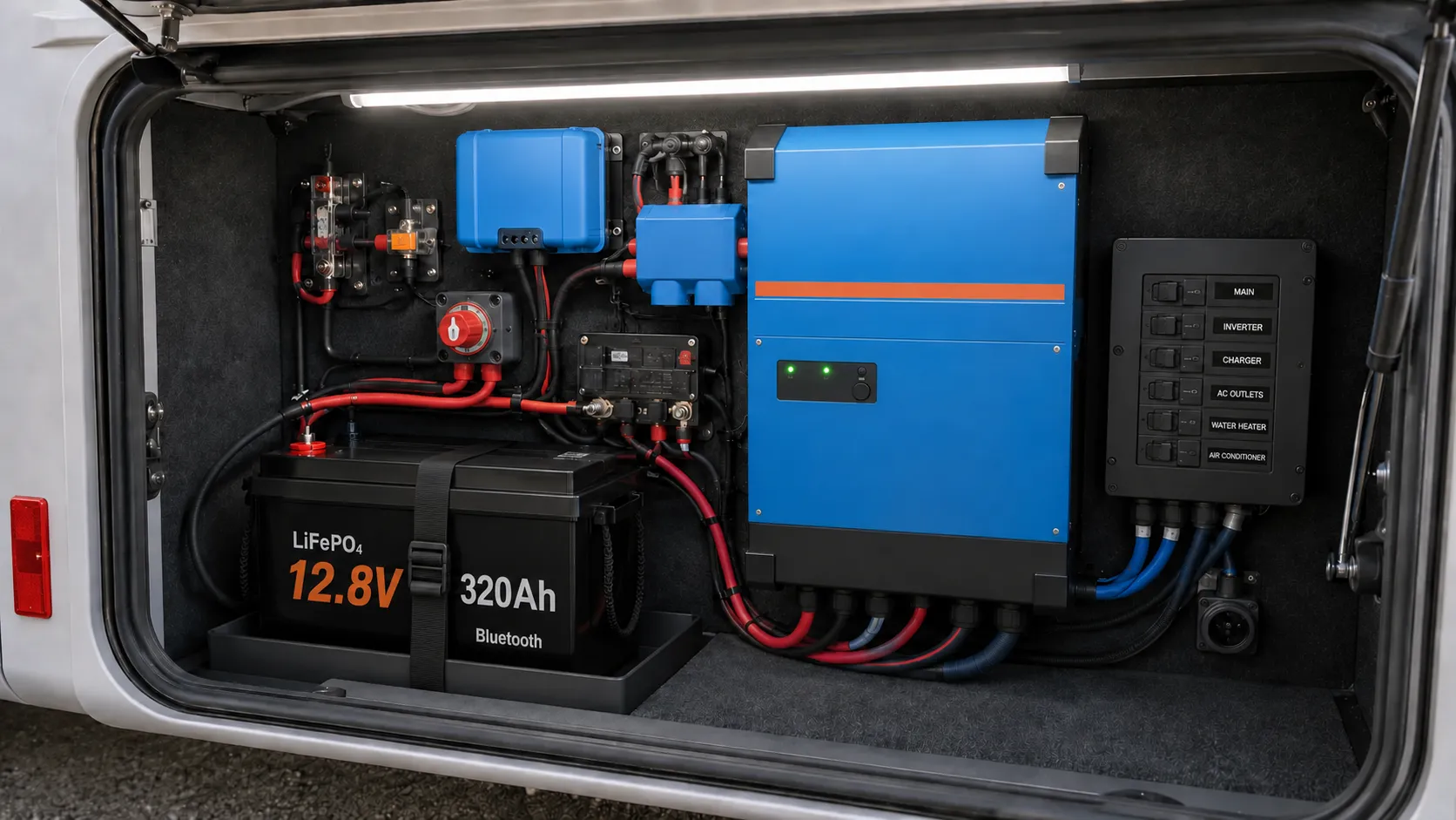 12V 320Ah LiFePO4 RV battery integrated with an inverter charger and protected electrical system