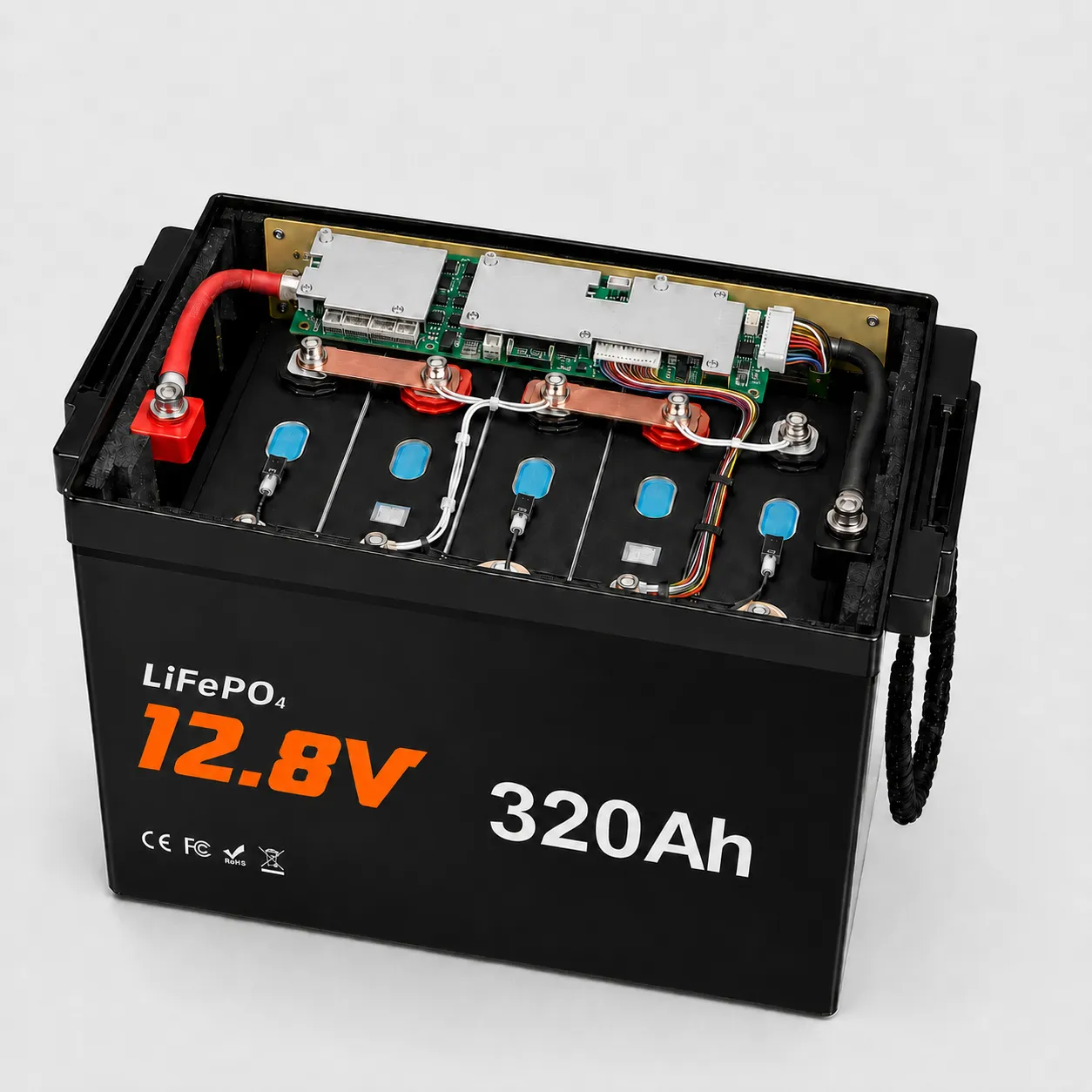 Internal structure of a 12V 320Ah Mini LiFePO4 battery with 200A Smart BMS