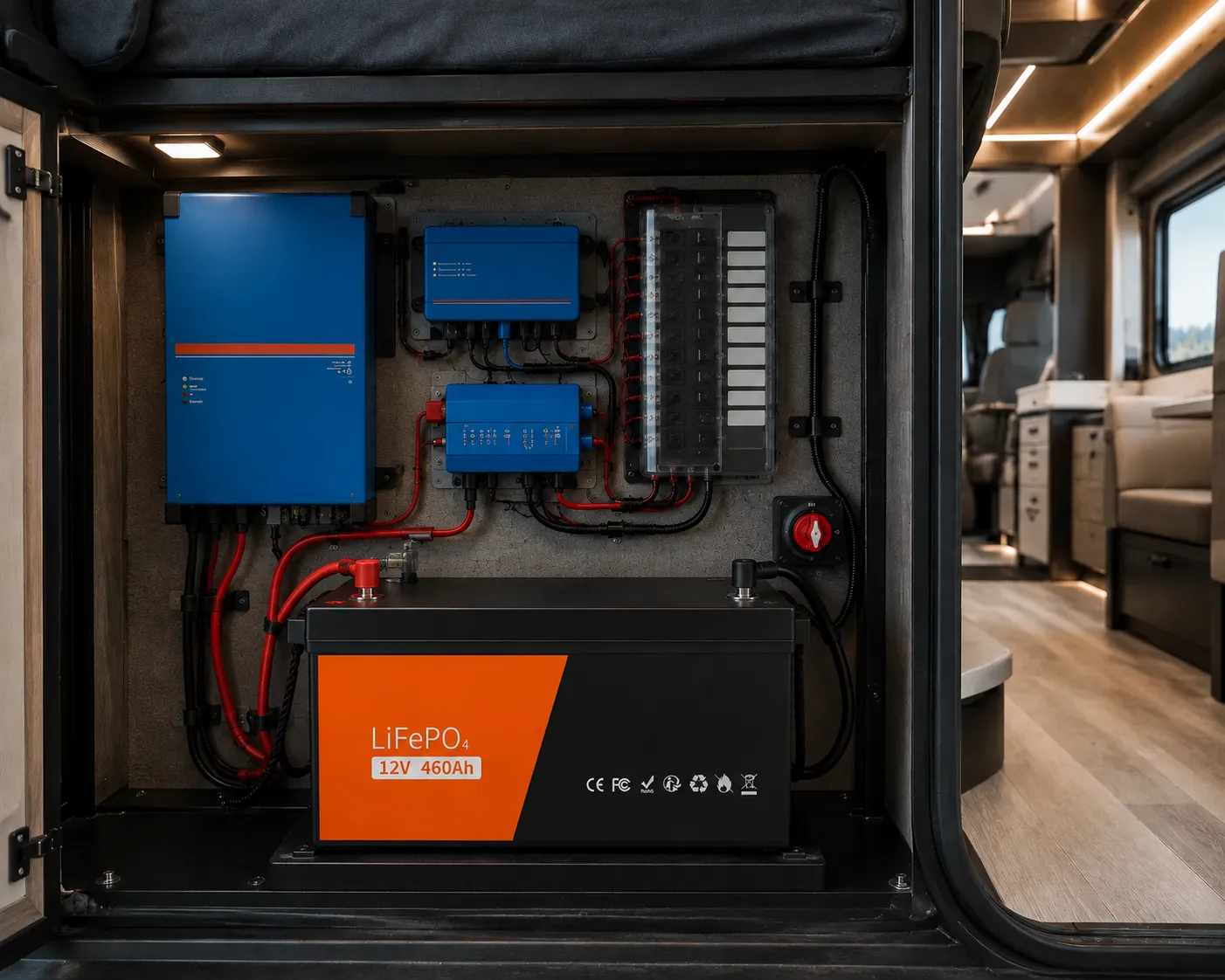 12V 460Ah LiFePO4 battery connected to an RV inverter charger and protected electrical system