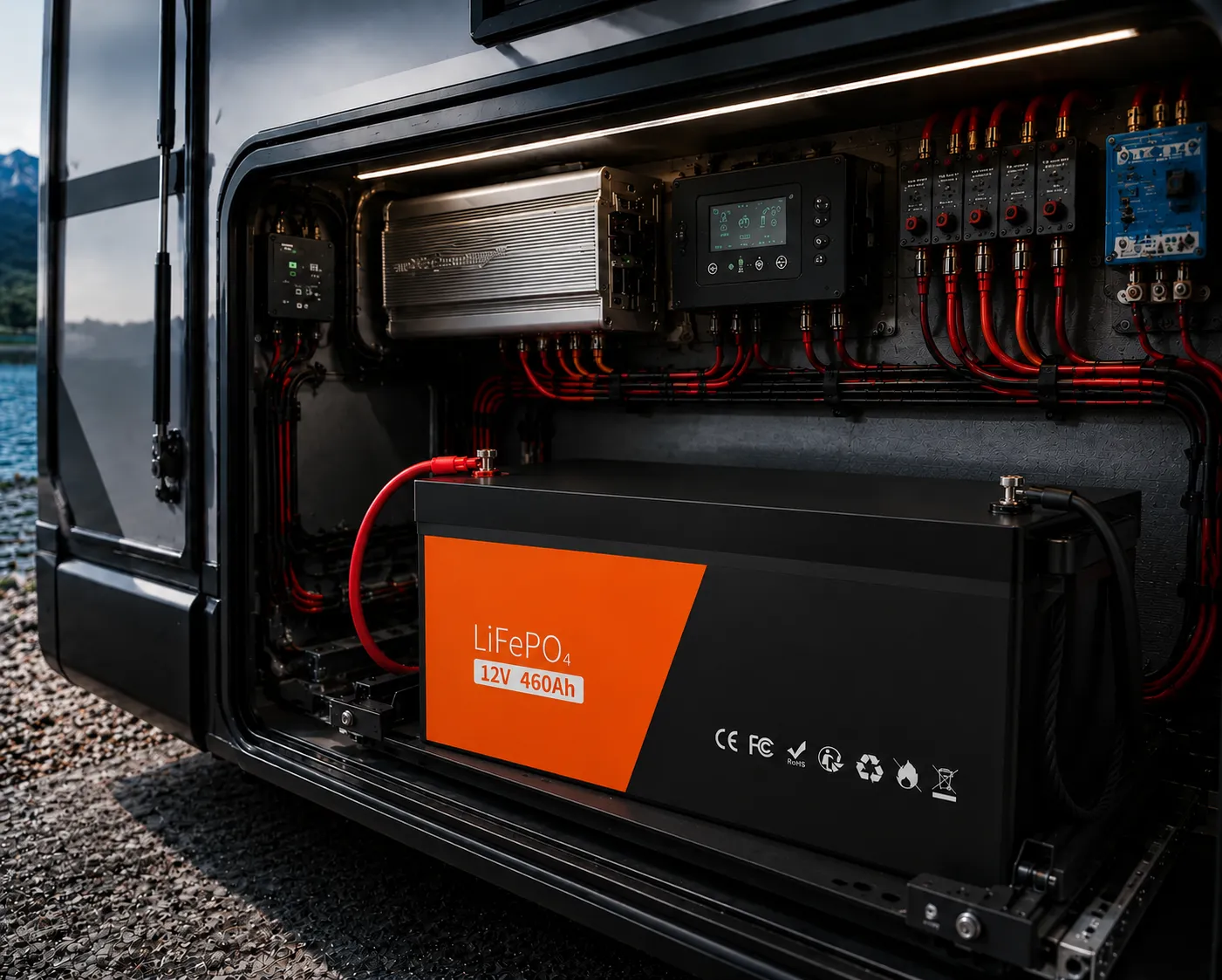 12V 460Ah Group 8D LiFePO4 deep cycle battery installed in an RV house battery compartment