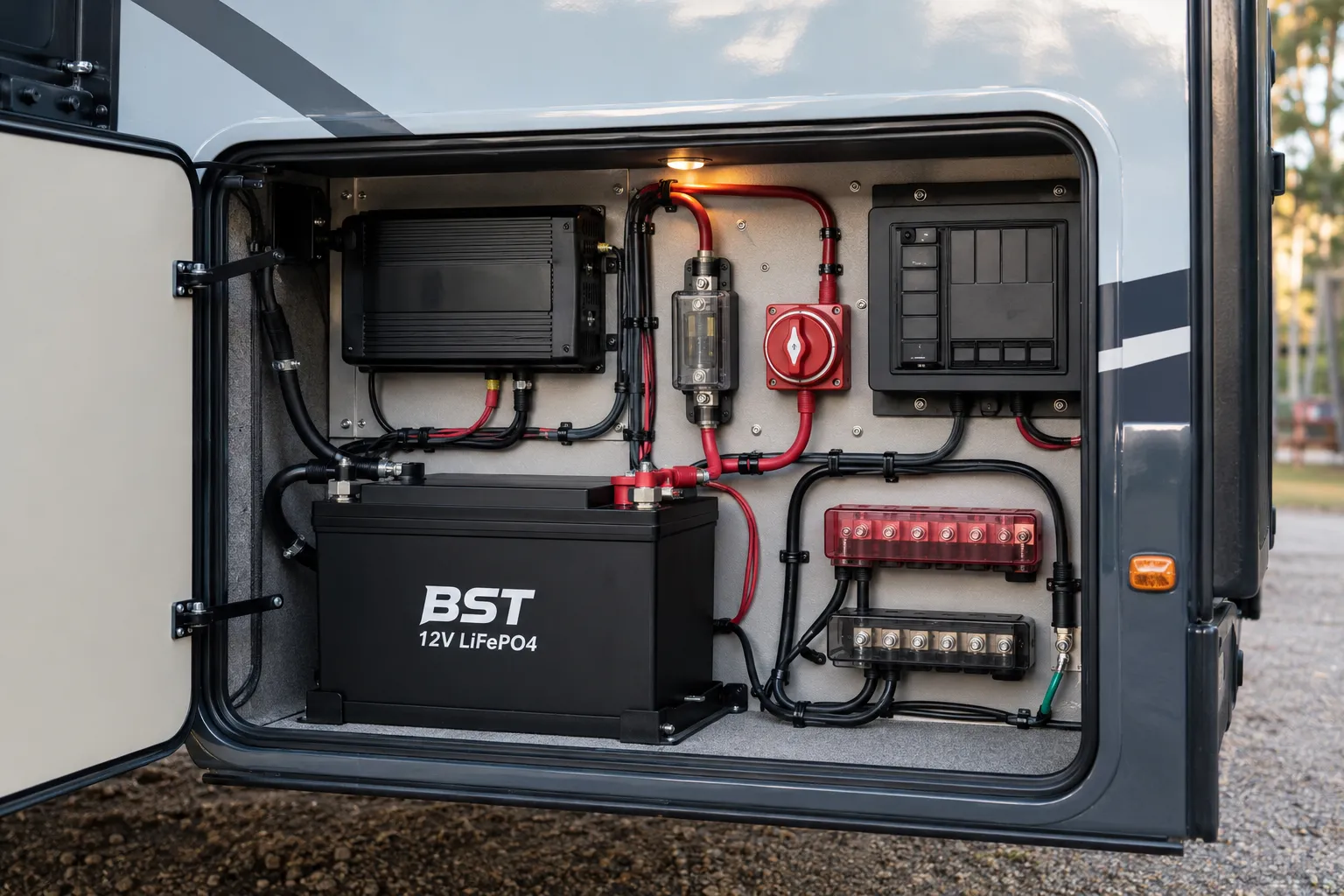 12V RV LiFePO4 battery system with inverter, charger and circuit protection