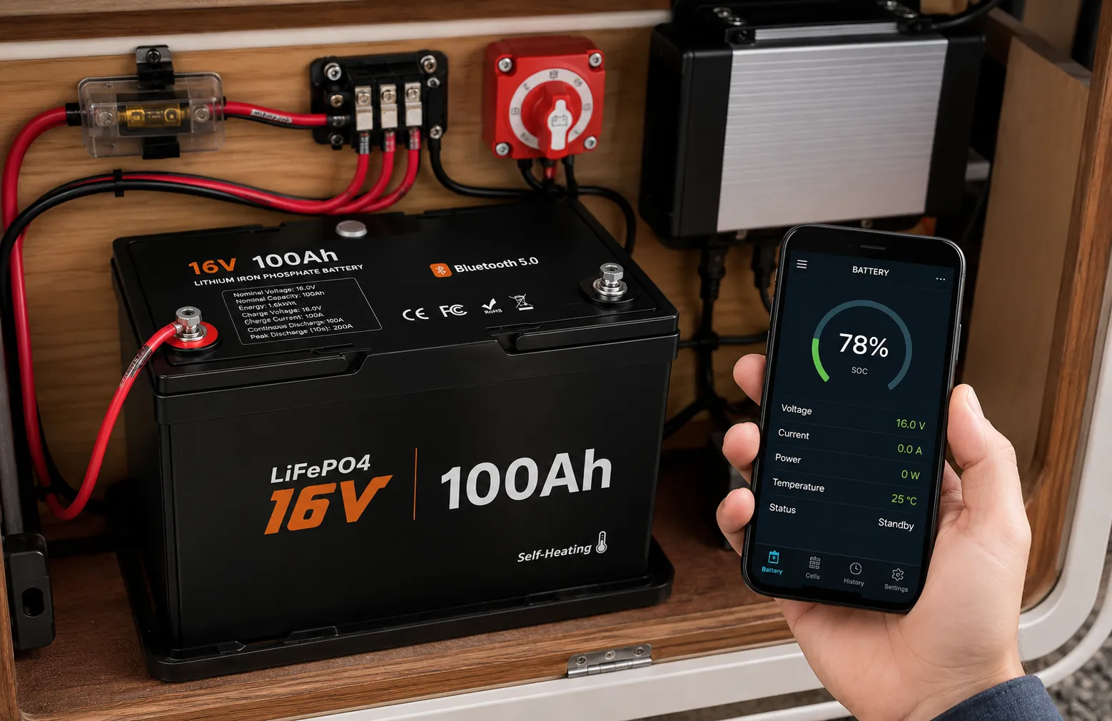 Bluetooth monitoring for 16V 100Ah LiFePO4 fish finder battery