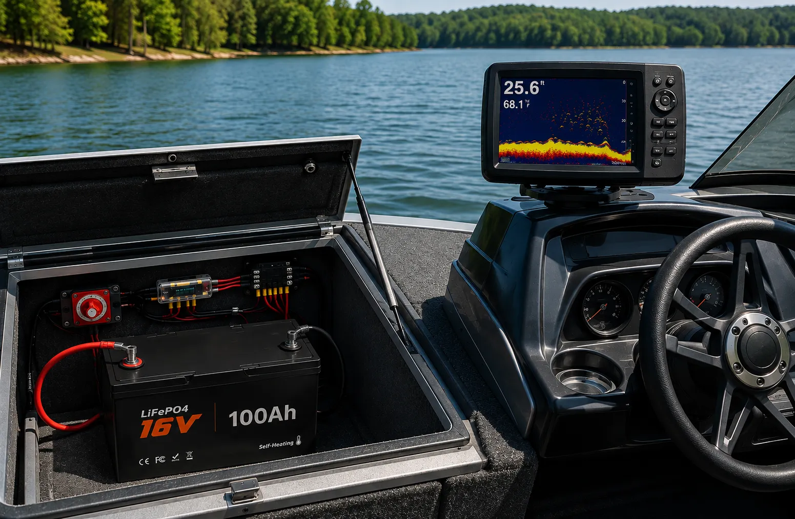16V 100Ah LiFePO4 fish finder battery installed for marine electronics