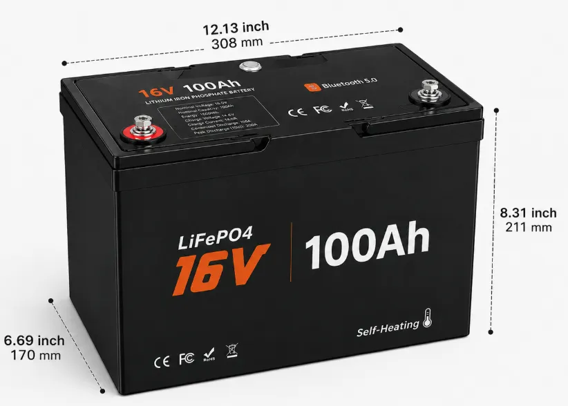 16V 100Ah Group 27 LiFePO4 fish finder battery dimensions