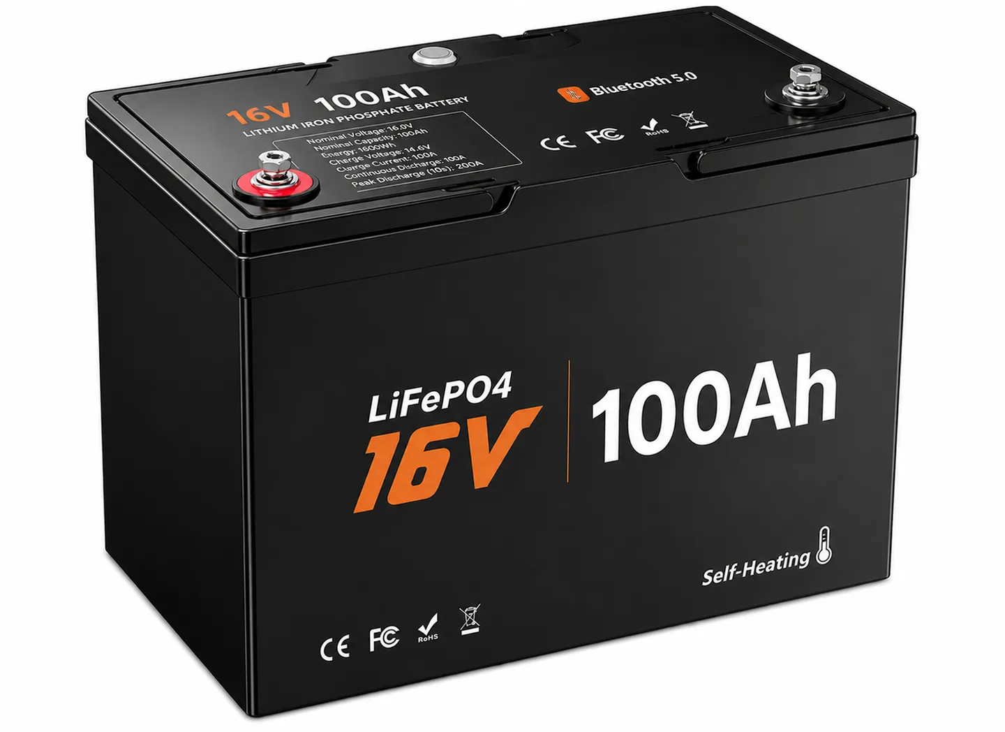 16V 100Ah LiFePO4 Fish Finder Battery with Bluetooth &amp; Self-Heating