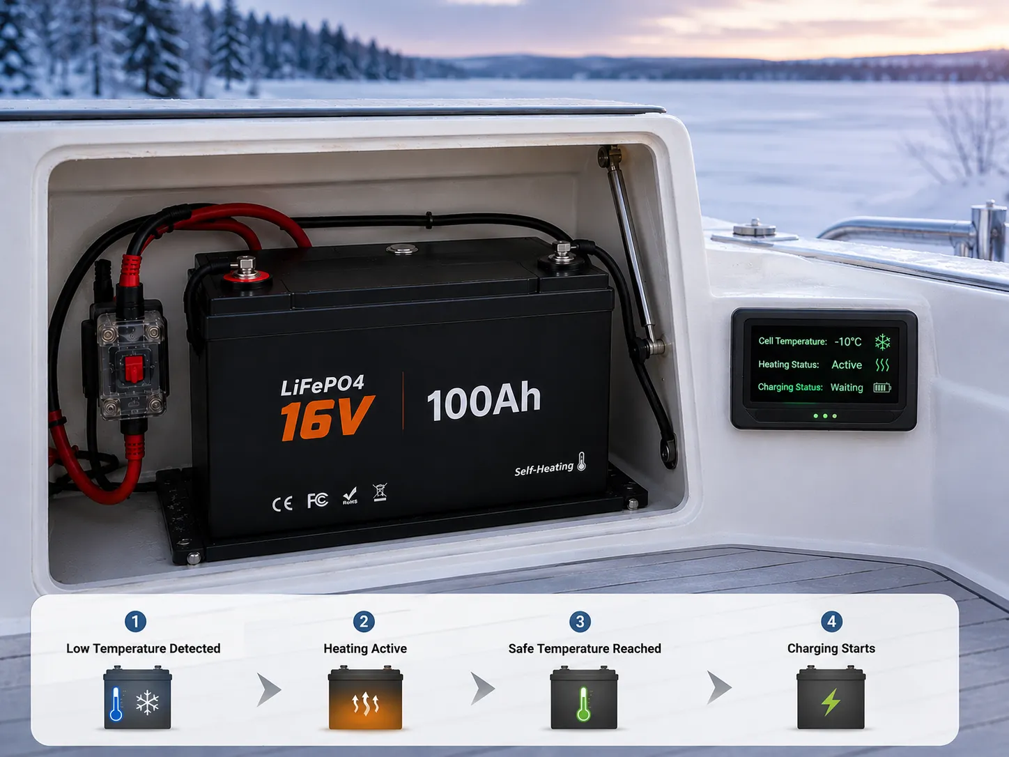 Self-heating 16V 100Ah LiFePO4 fish finder battery for cold-weather charging