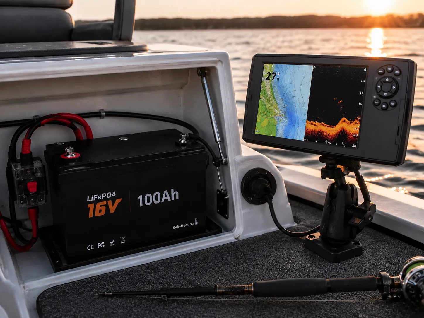 Dedicated 16V LiFePO4 battery power system for fish finder and forward-facing sonar
