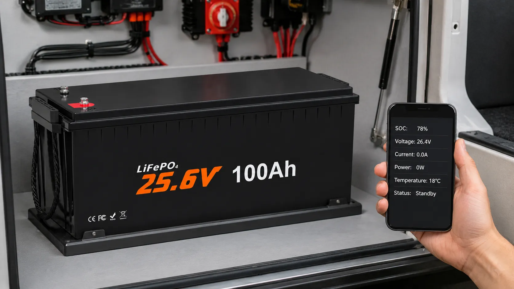 Bluetooth monitoring for a 24V 100Ah LiFePO4 battery showing SOC voltage current and temperature