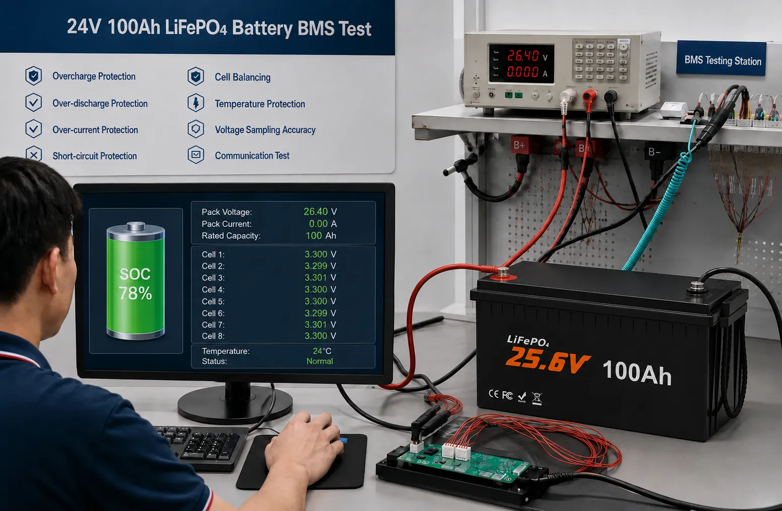 100A Smart BMS protection test for a 24V 100Ah LiFePO4 battery