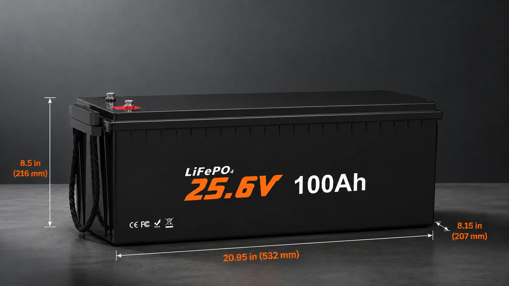24V 100Ah LiFePO4 battery dimensions 20.94 by 8.15 by 8.50 inches