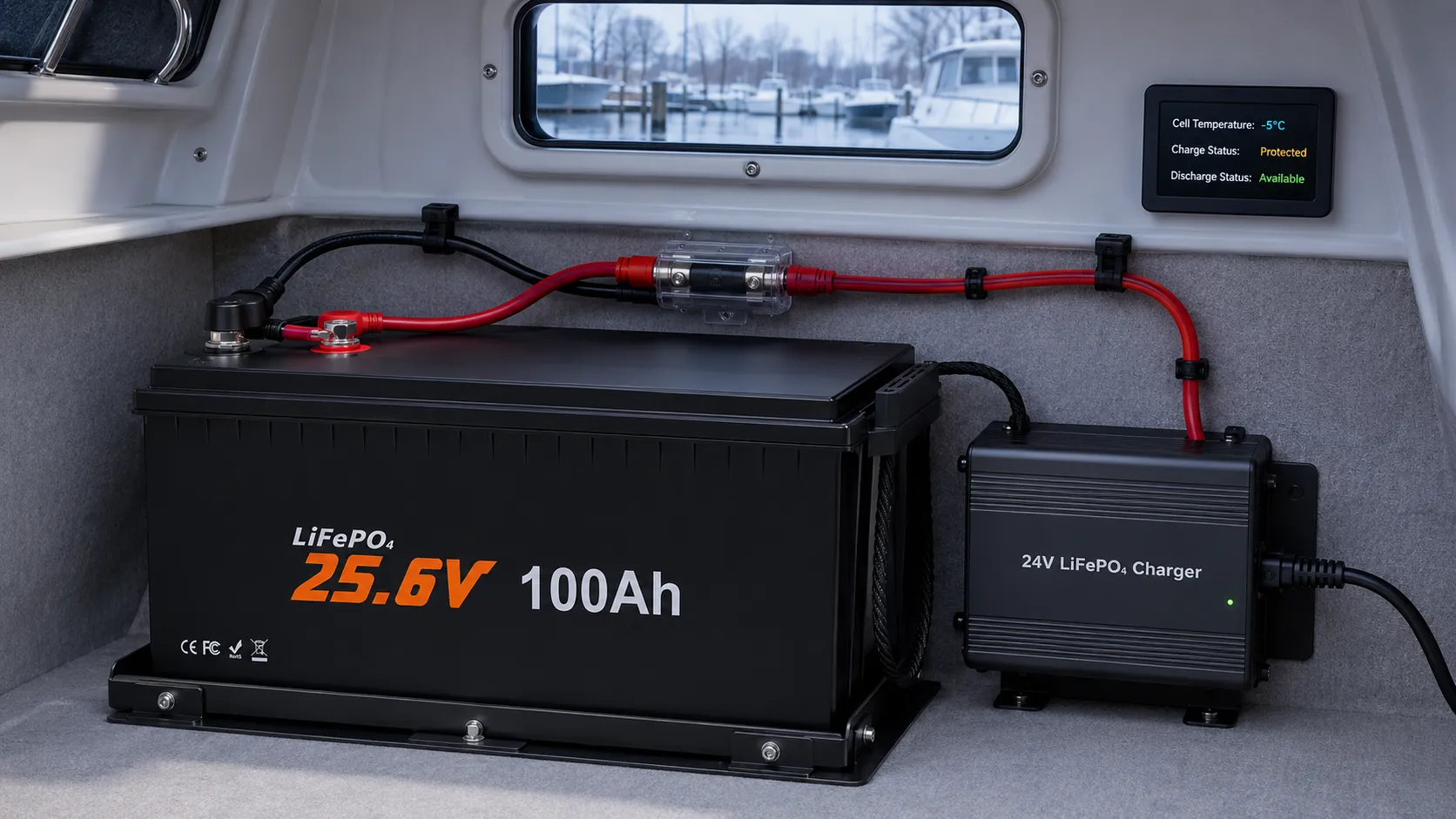 Low-temperature charging protection for a 24V 100Ah LiFePO4 battery