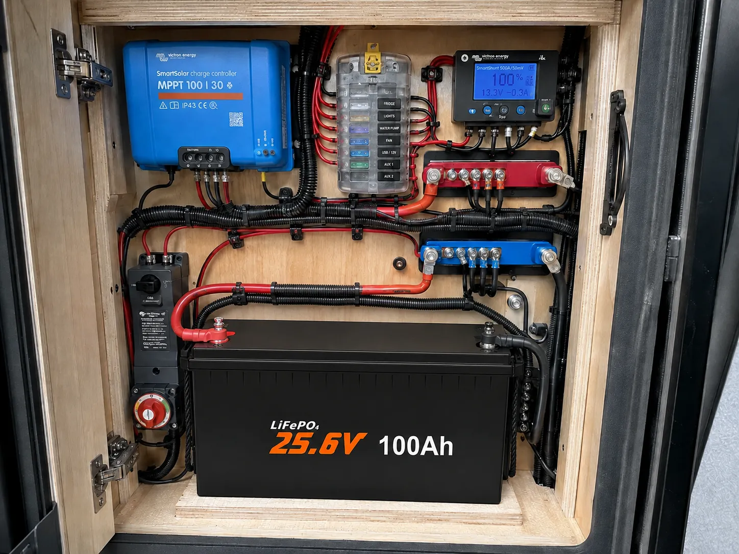 24V 100Ah LiFePO4 RV battery installed in a dry electrical compartment
