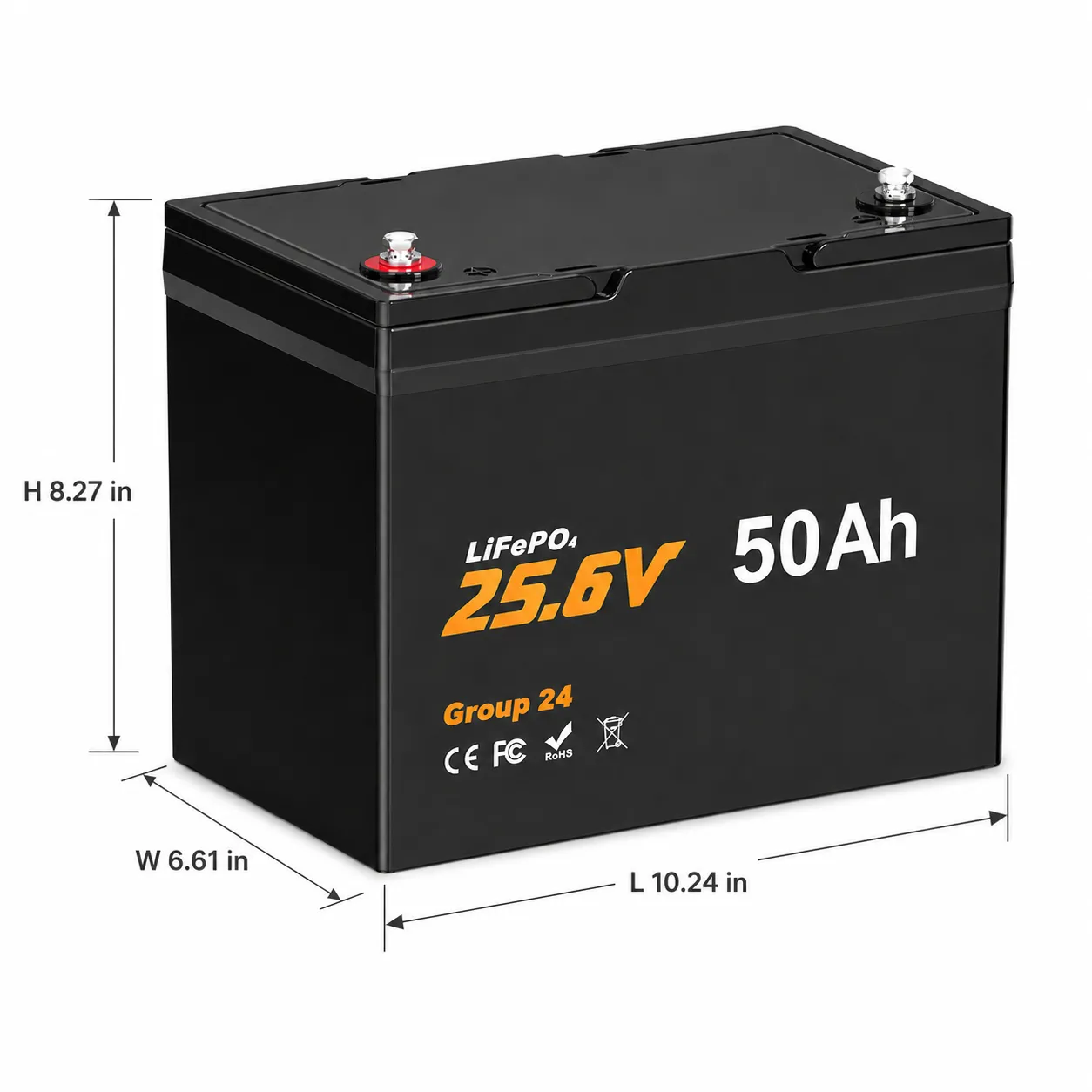 24V 50Ah Group 24 LiFePO4 battery dimensions 10.24 by 6.61 by 8.31 inches