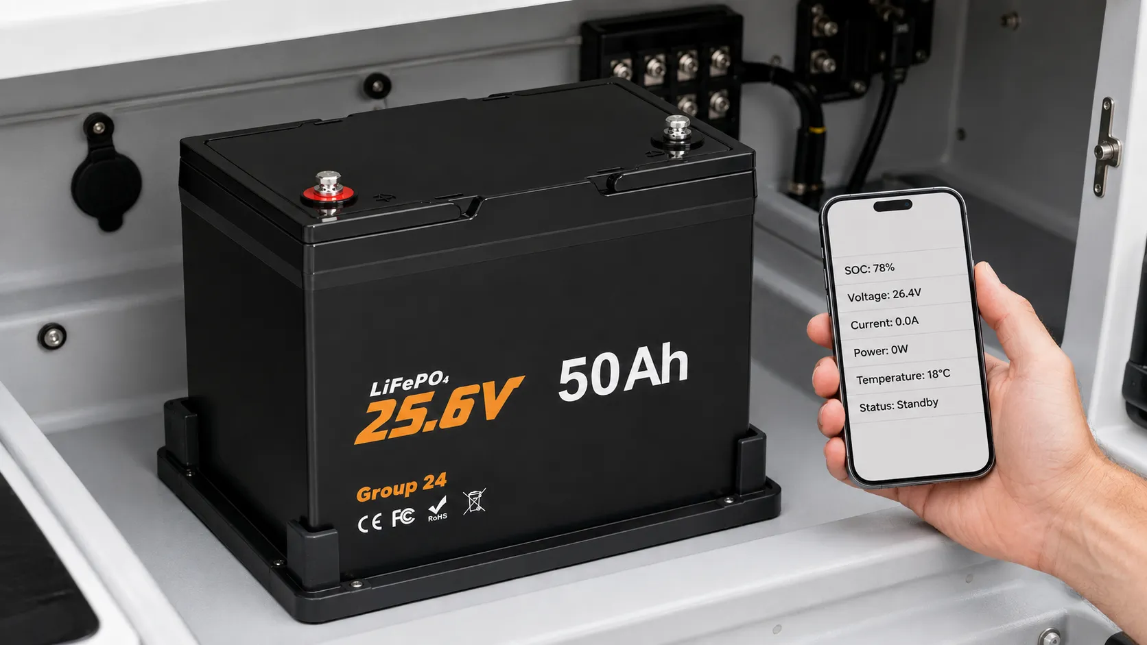 Bluetooth monitoring for a 24V 50Ah marine LiFePO4 battery