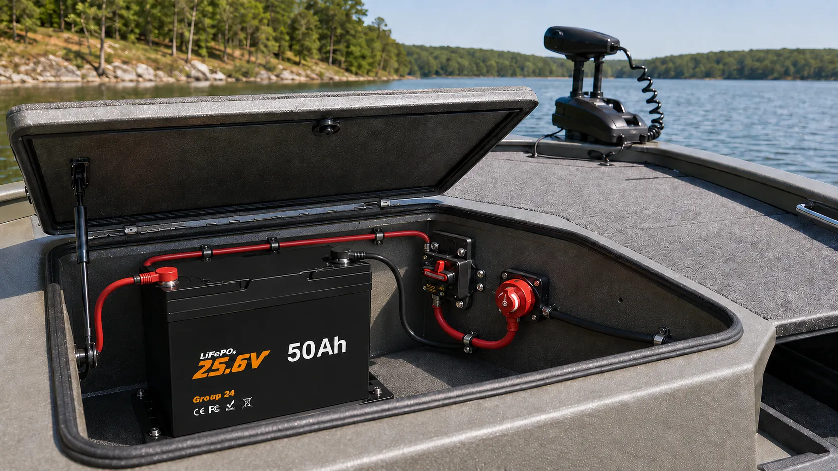 24V 50Ah LiFePO4 trolling motor battery installed in a dry fishing boat compartment