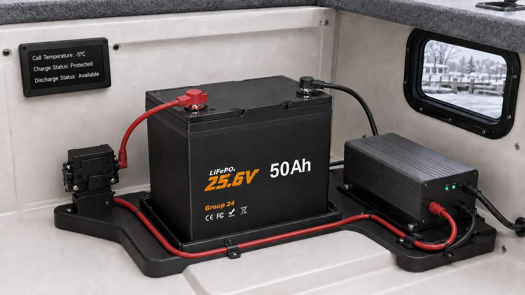 Low-temperature charging protection for a 24V 50Ah LiFePO4 trolling motor battery