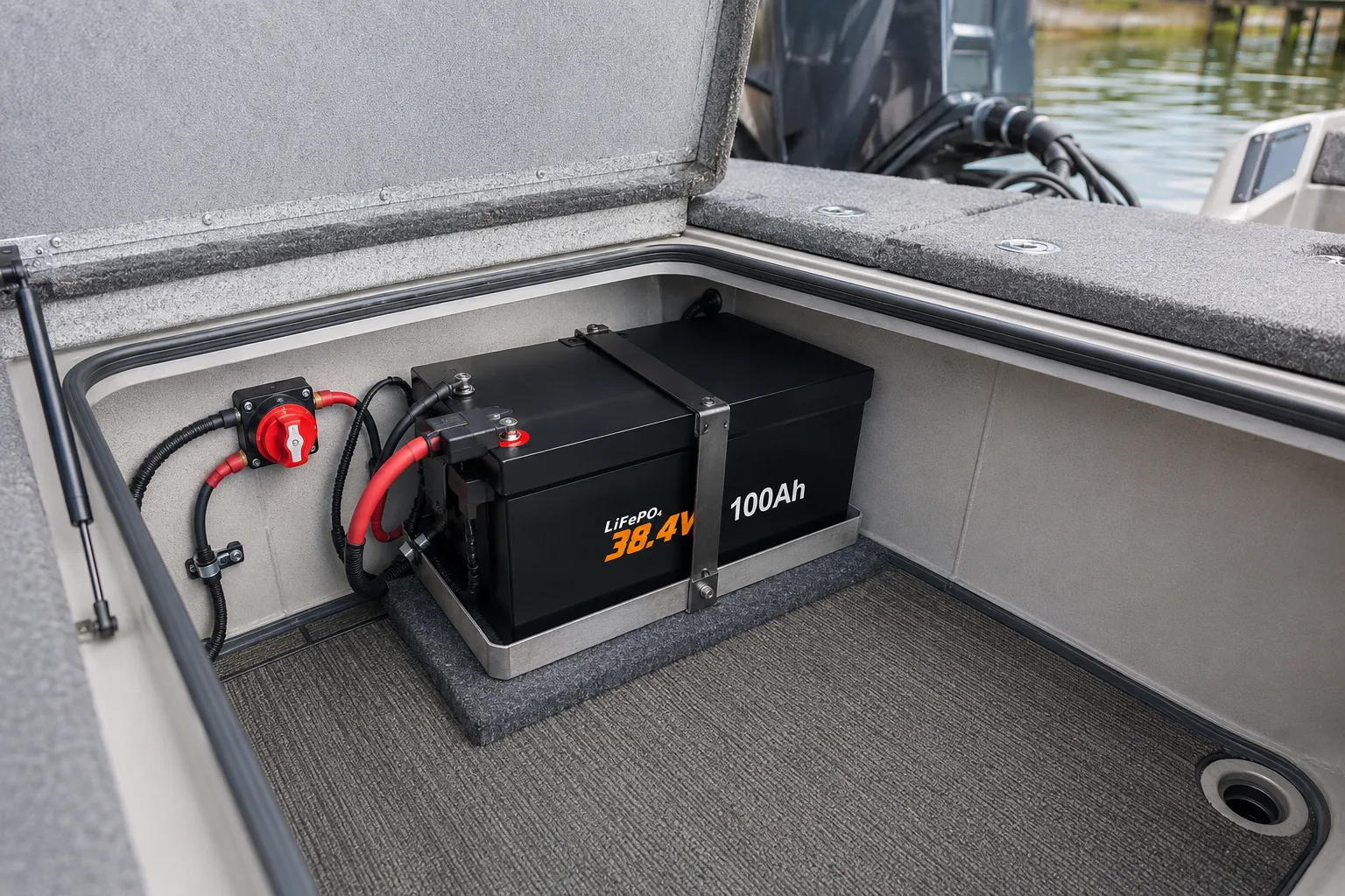Single 36V LiFePO4 battery installed for a fishing boat trolling motor