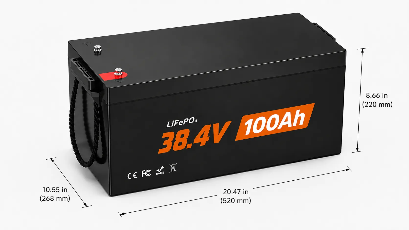 36V 100Ah LiFePO4 battery dimensions 20.47 by 10.55 by 8.66 inches