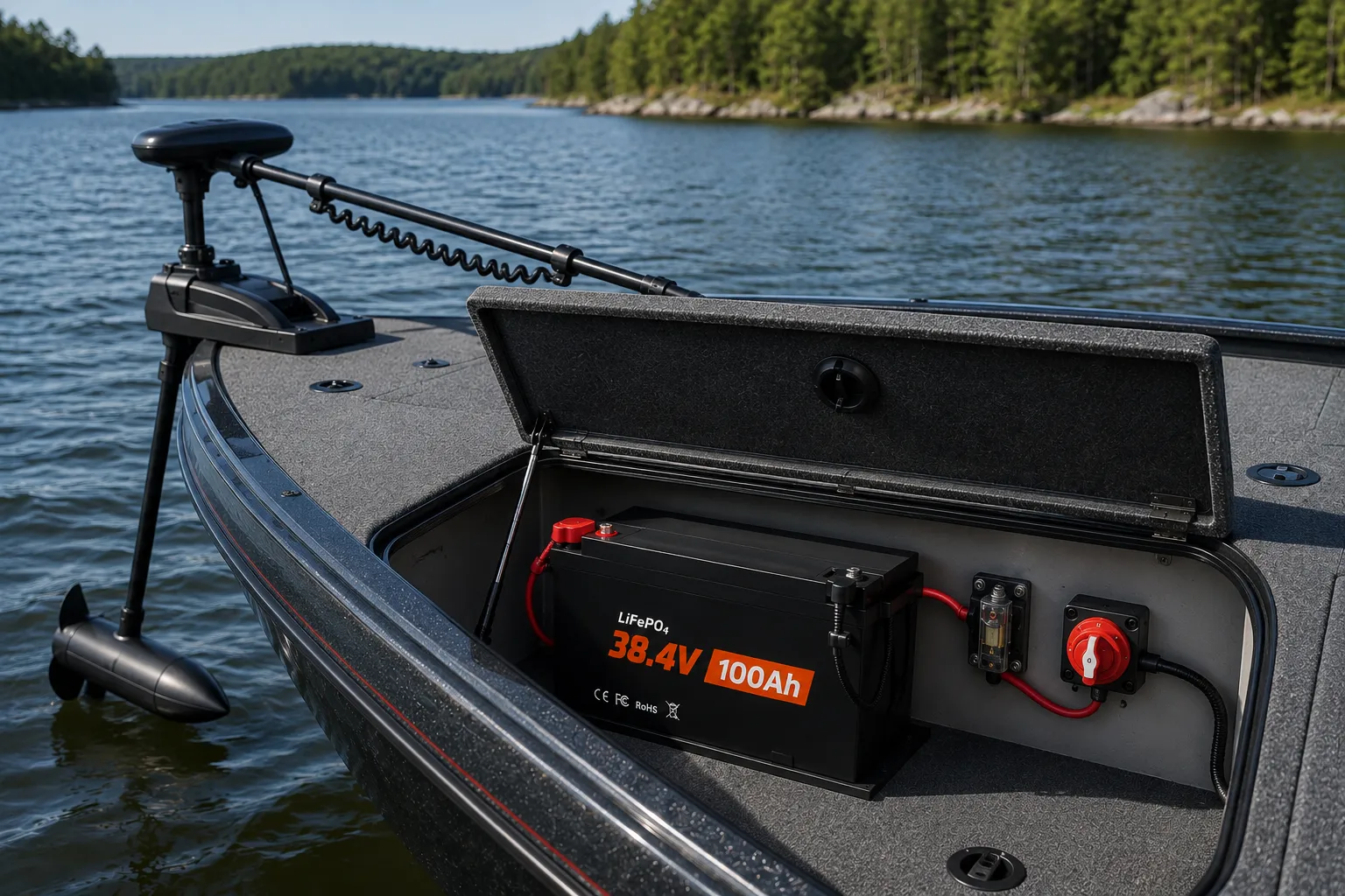 36V 100Ah lithium battery installed for a 36V trolling motor