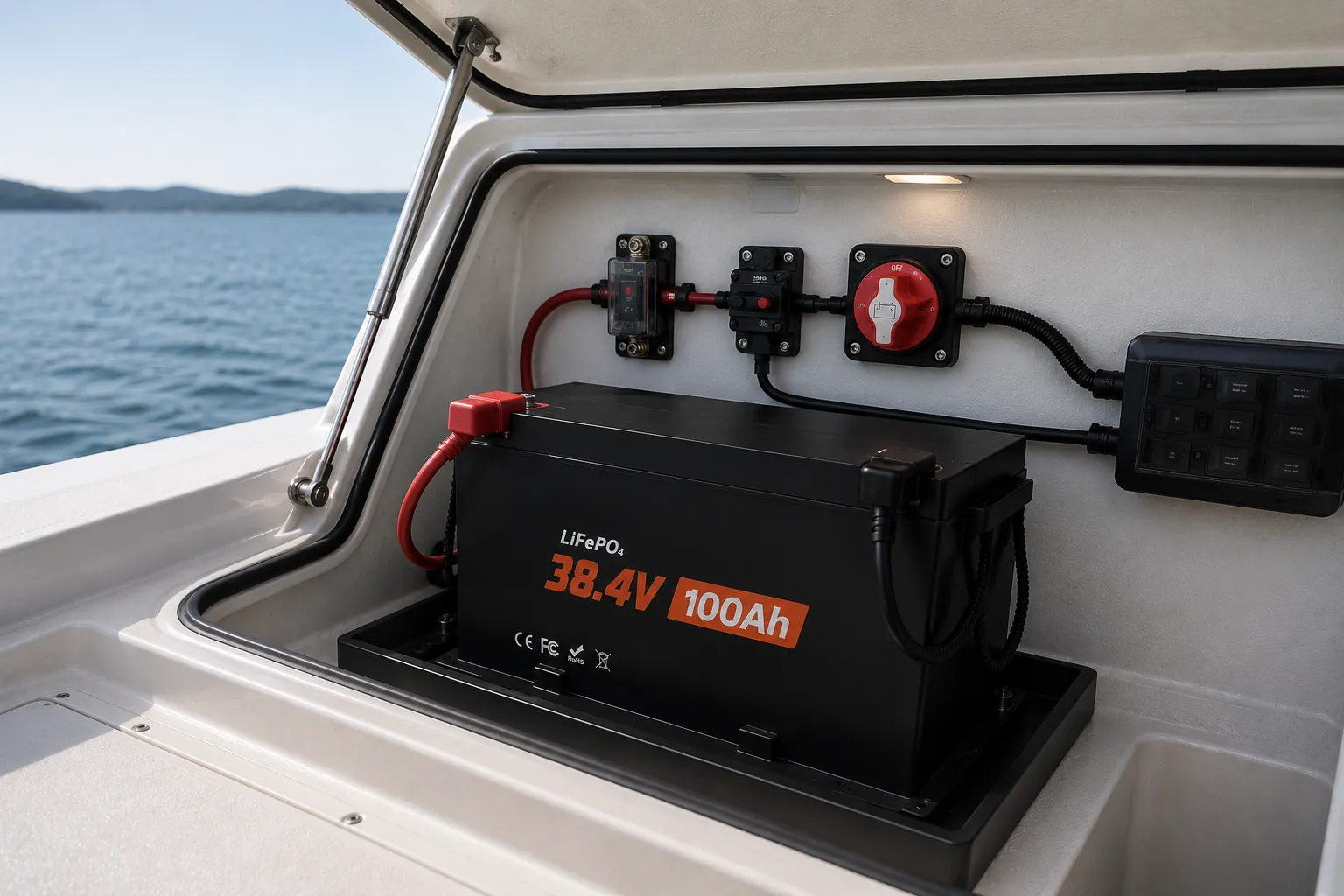 36V 100Ah LiFePO4 marine battery installed in a protected boat battery compartment