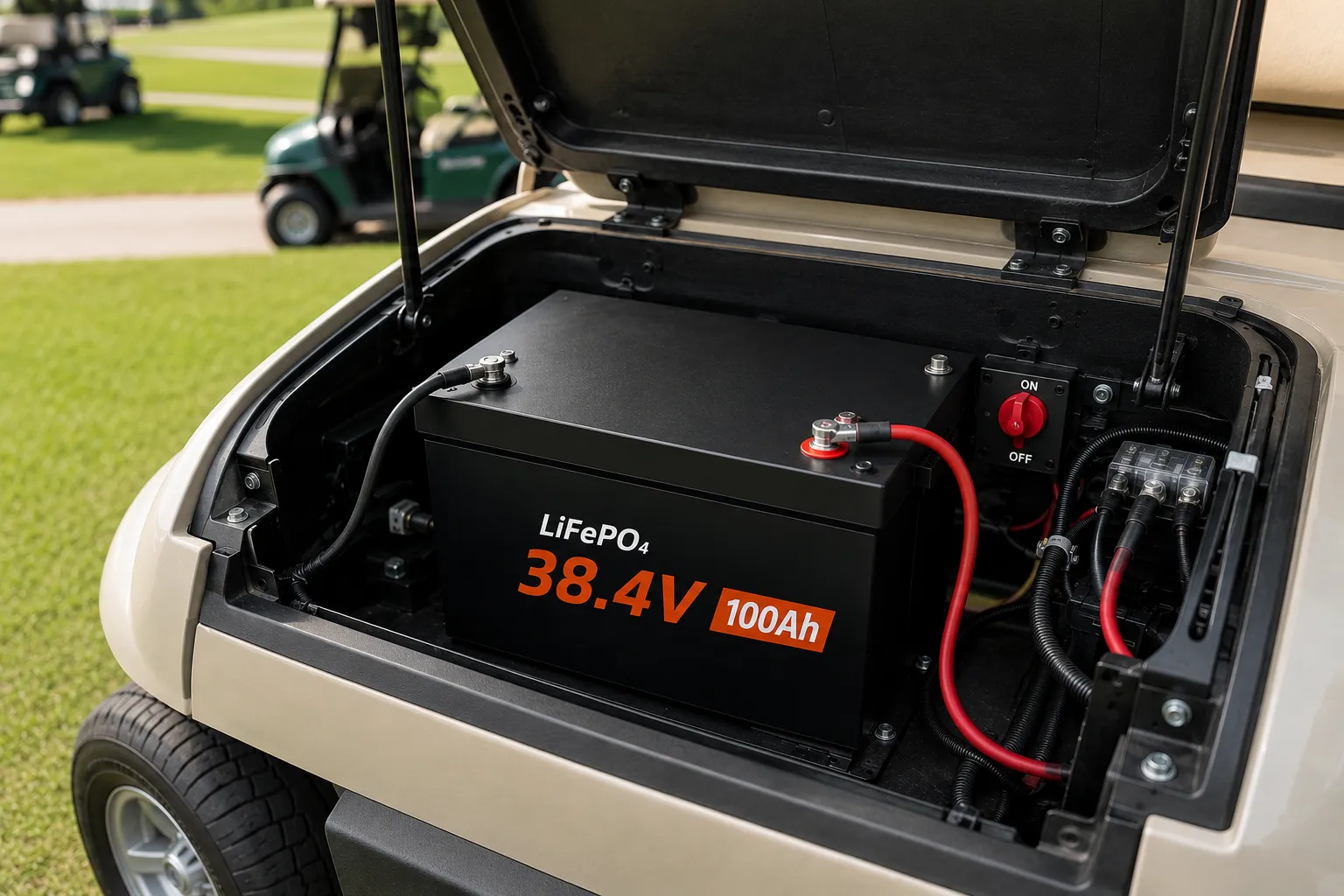 36V 100Ah LiFePO4 golf cart battery installed in a protected golf cart battery compartment