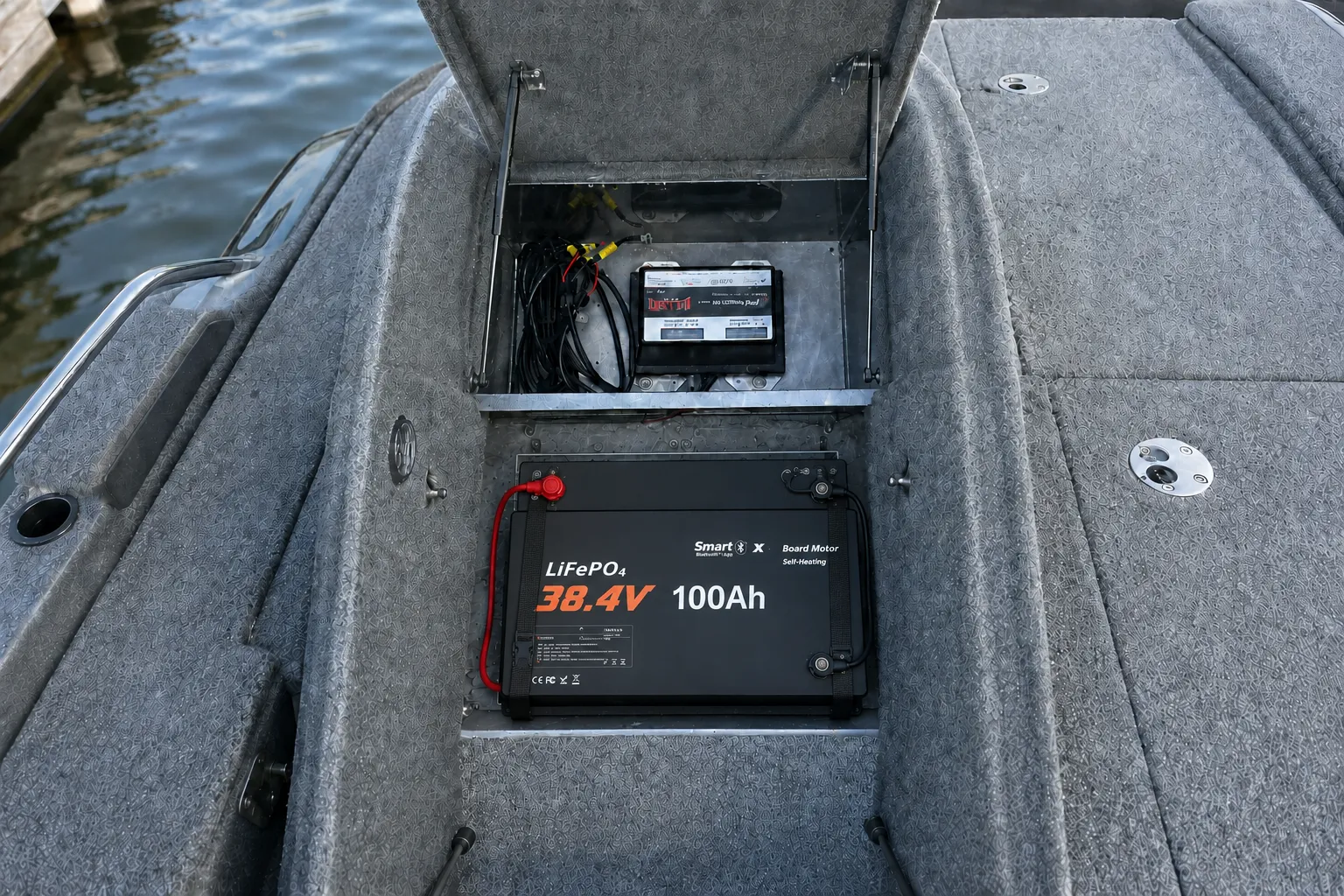 Single 36V 100Ah LiFePO4 trolling motor battery with marine cables and circuit protection