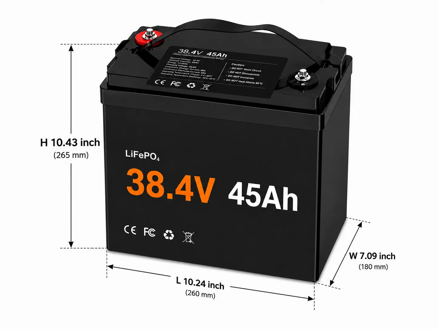 36V 45Ah GC2 lithium golf cart battery dimensions