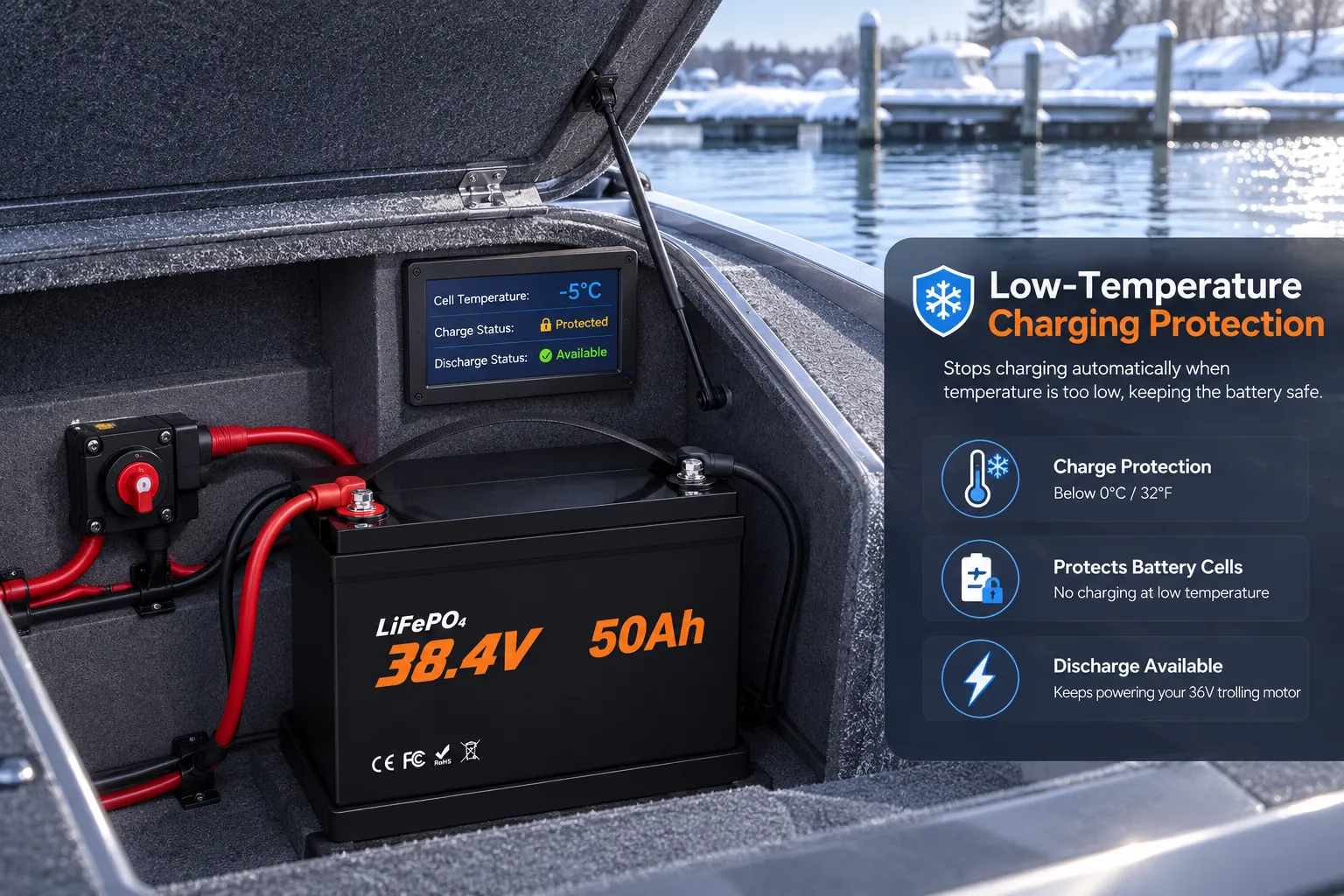 Low-temperature charging protection for 36V 50Ah LiFePO4 trolling motor battery