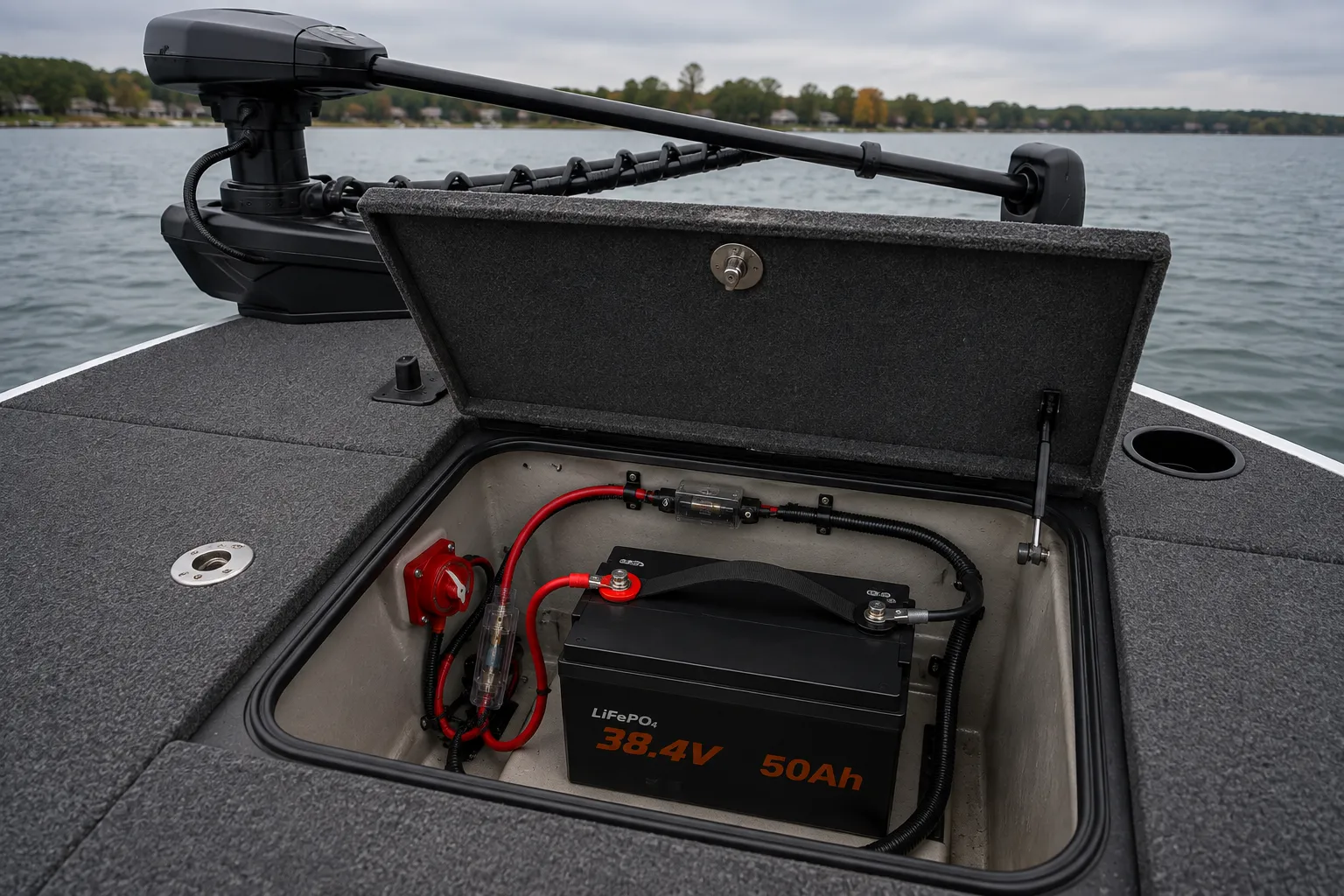 36V 50Ah LiFePO4 trolling motor battery installed in a marine battery compartment