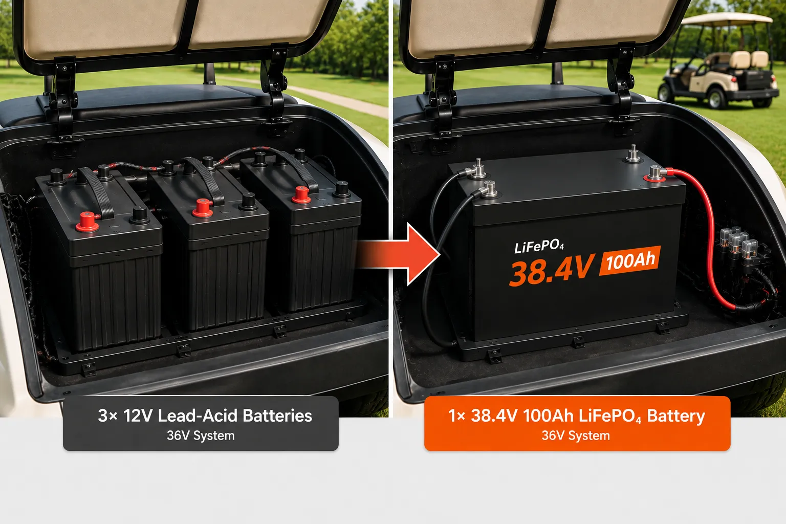 36V 100Ah LiFePO4 golf cart battery replacing a conventional 36V lead acid battery bank