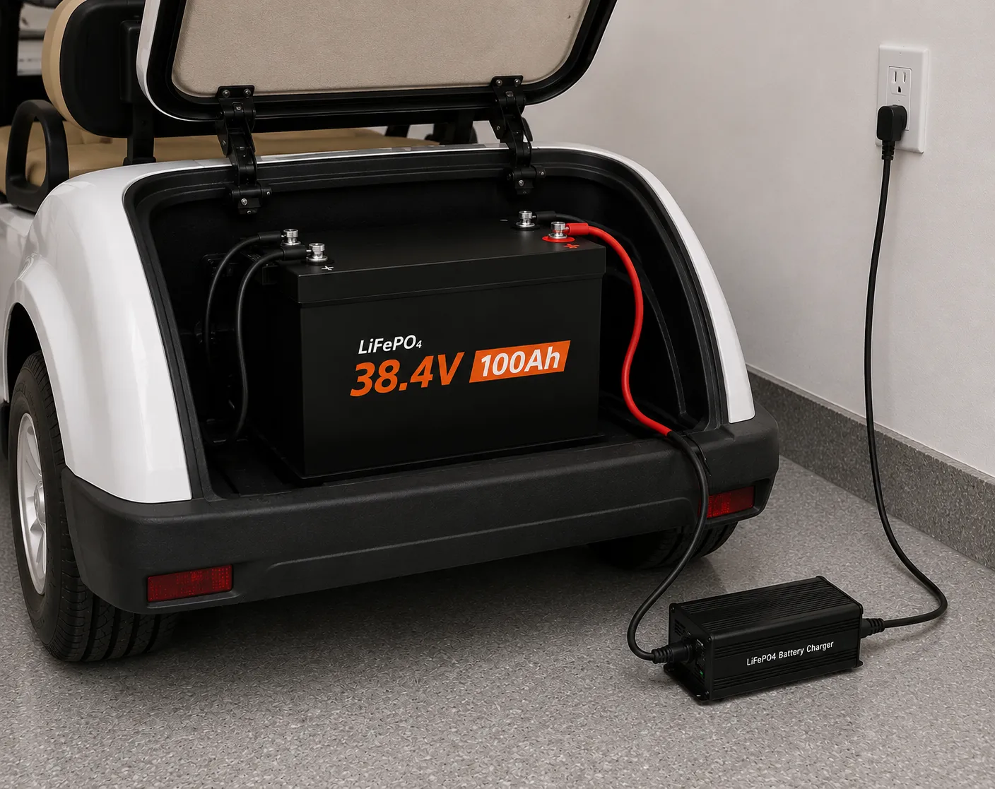 36V 100Ah LiFePO4 golf cart battery connected to a compatible lithium battery charger