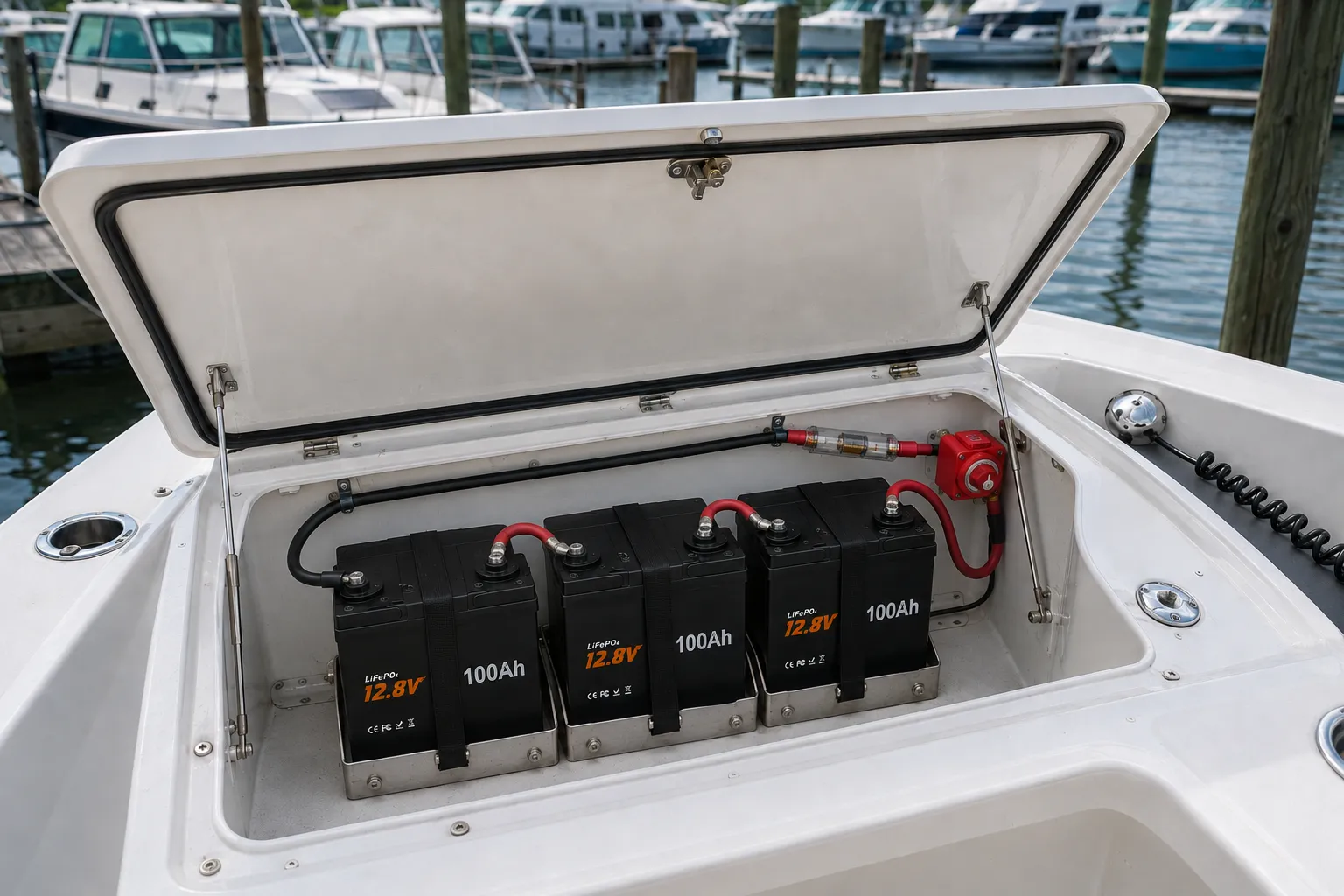 36V 100Ah LiFePO4 trolling motor battery installed in a fishing boat