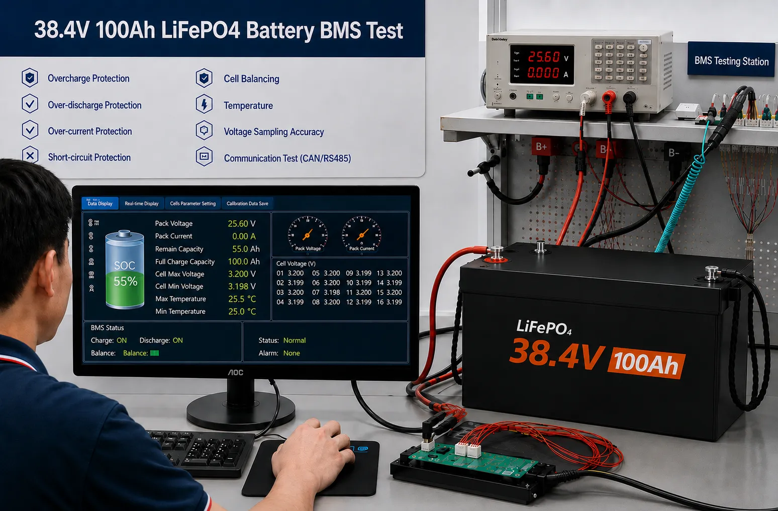 OEM 36V 100Ah LiFePO4 golf cart battery electrical and BMS testing